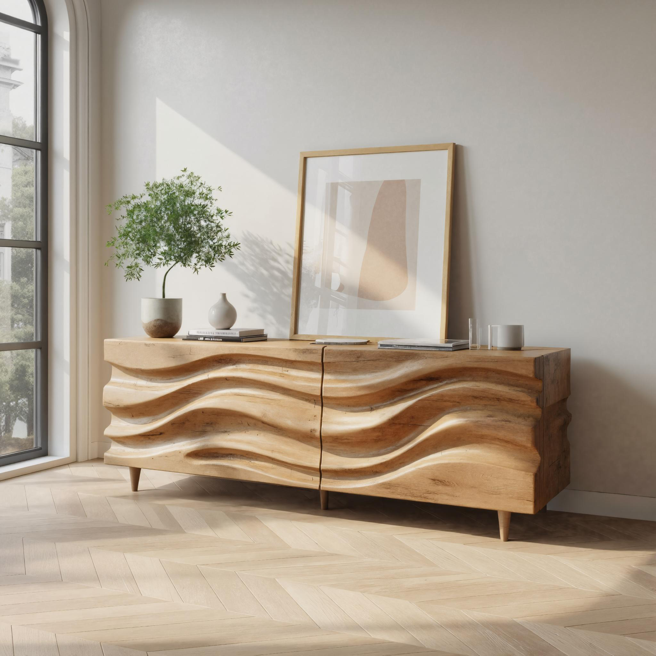 Hand Carved Wave Sideboard For Living Room Or Dining Room