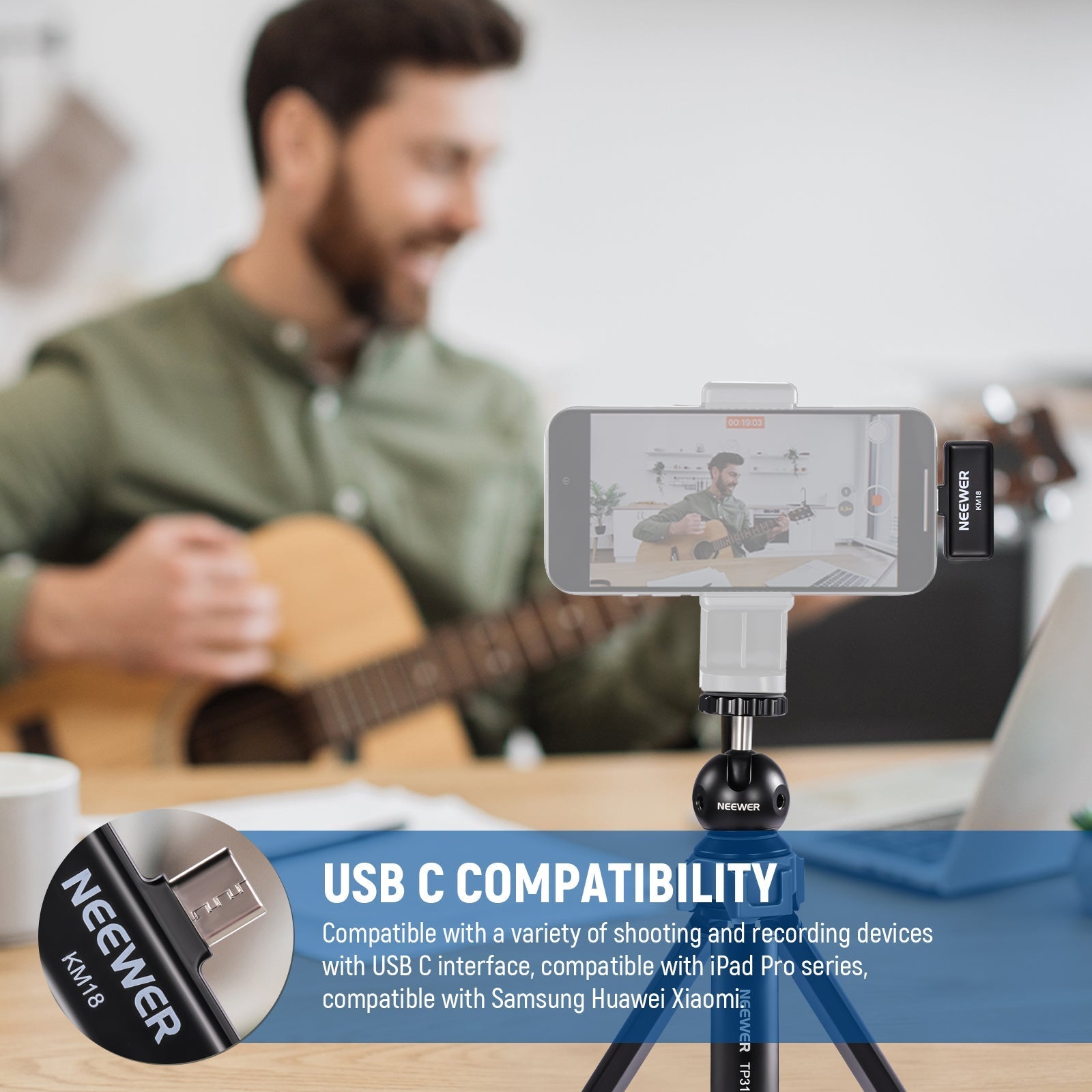 NEEWER KM18 Wireless Button Lavalier Microphone for USB C Phone PC