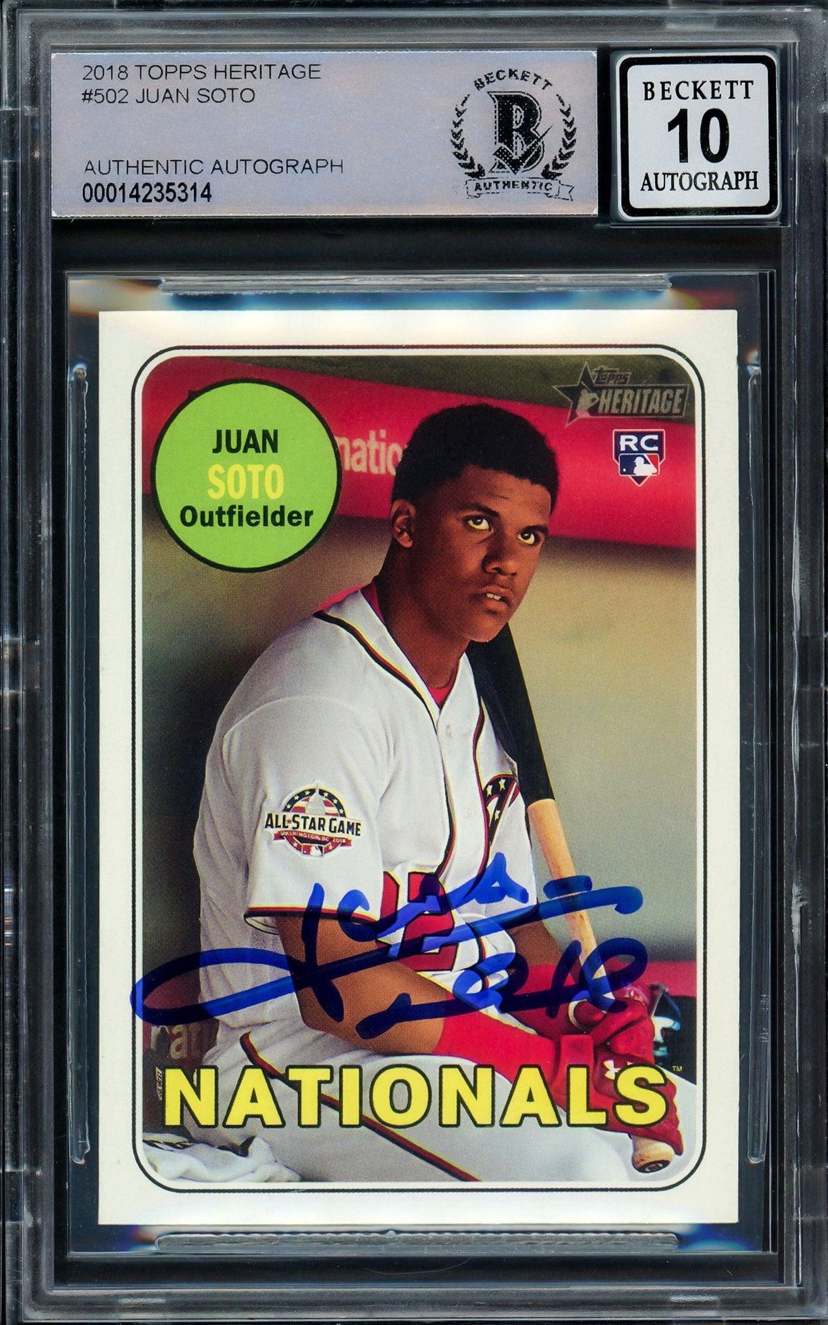 Juan Soto Autographed 2018 Topps Heritage Rookie Card #502 Washington Nationals Auto Grade Gem Mint 10 Beckett BAS Stock #205934
