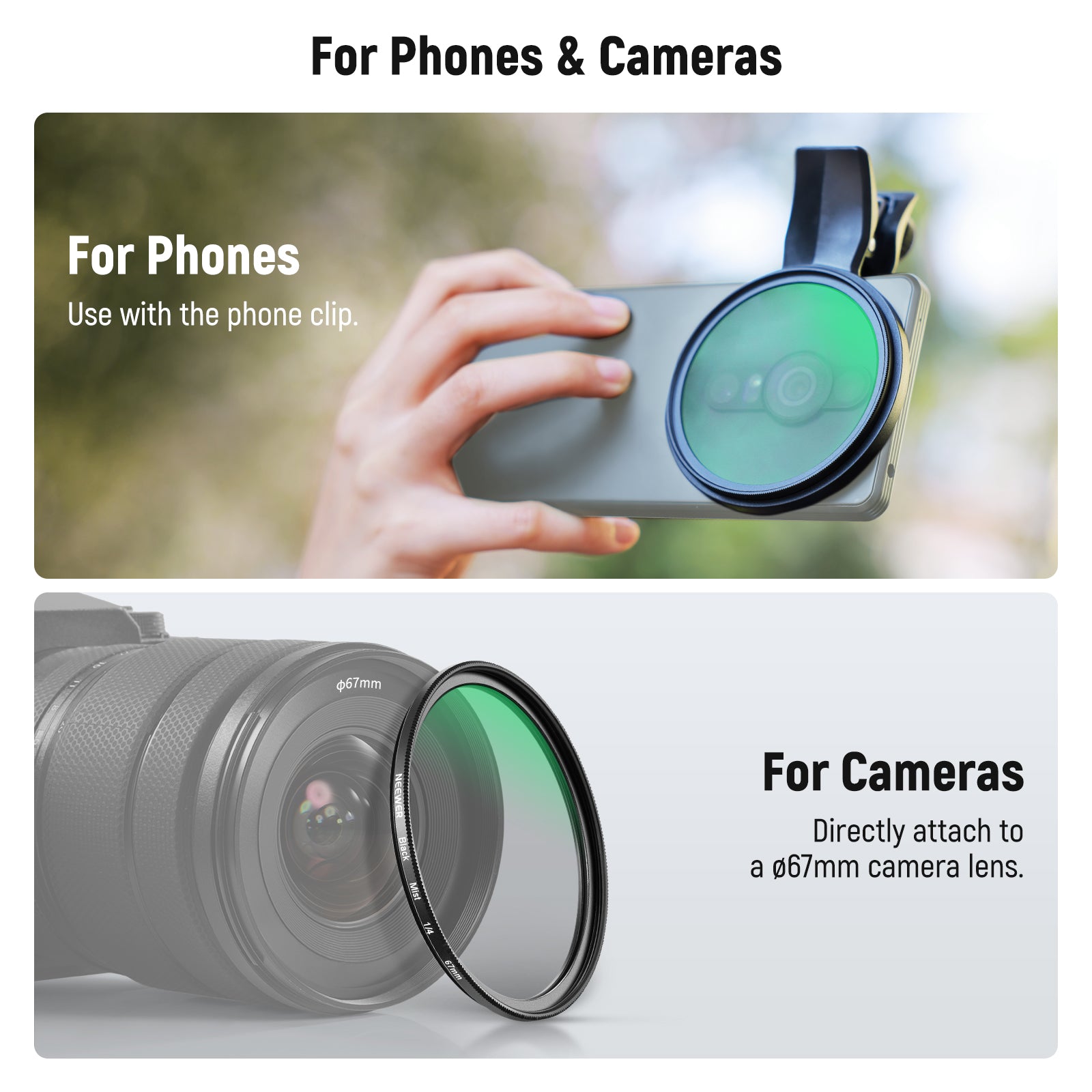 NEEWER FL-B24/FL-B20 67mm Black Diffusion 1/4 Filter with Clip For Smartphone