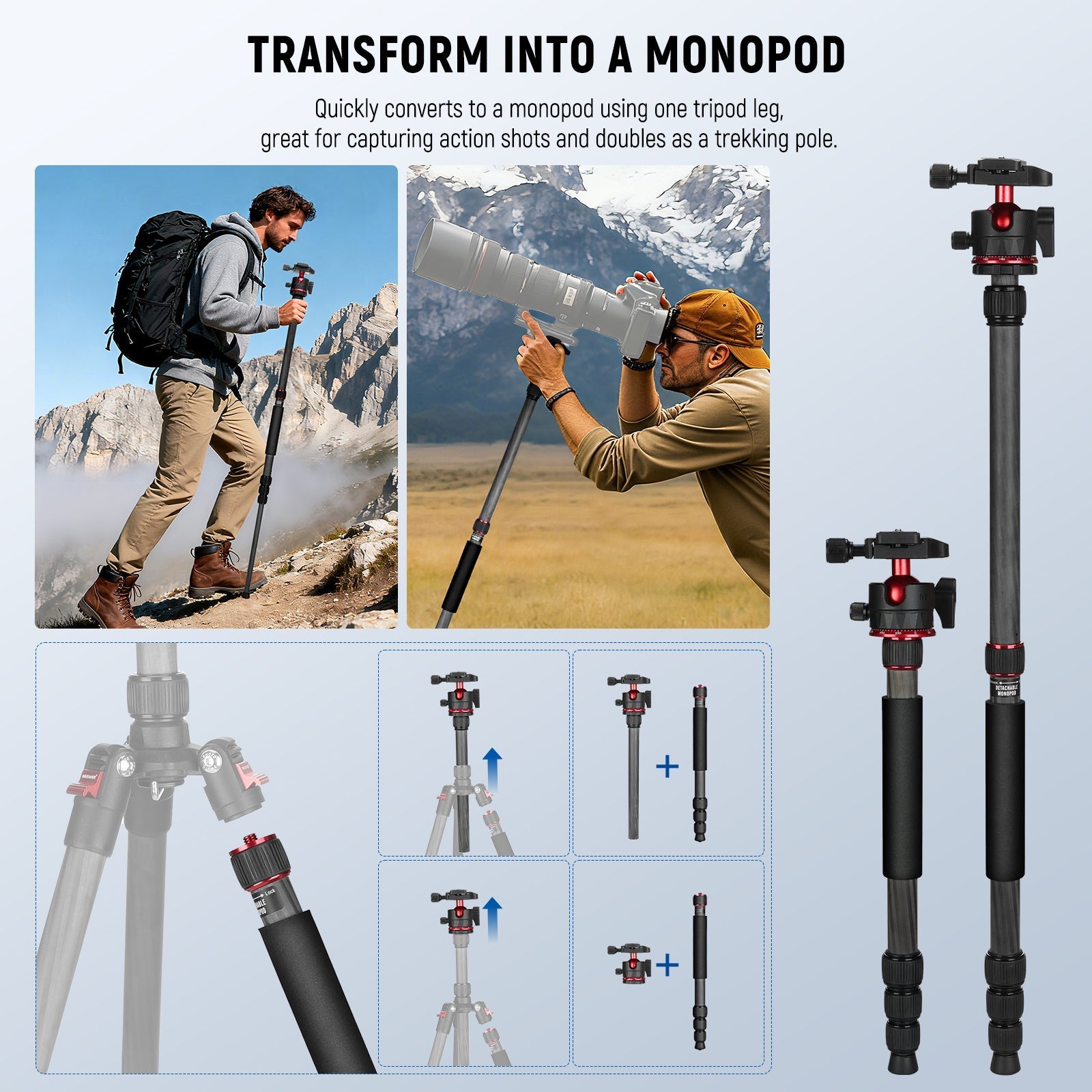 NEEWER BASICS TP17B 64"/162cm Carbon Fiber Travel Tripod Monopod