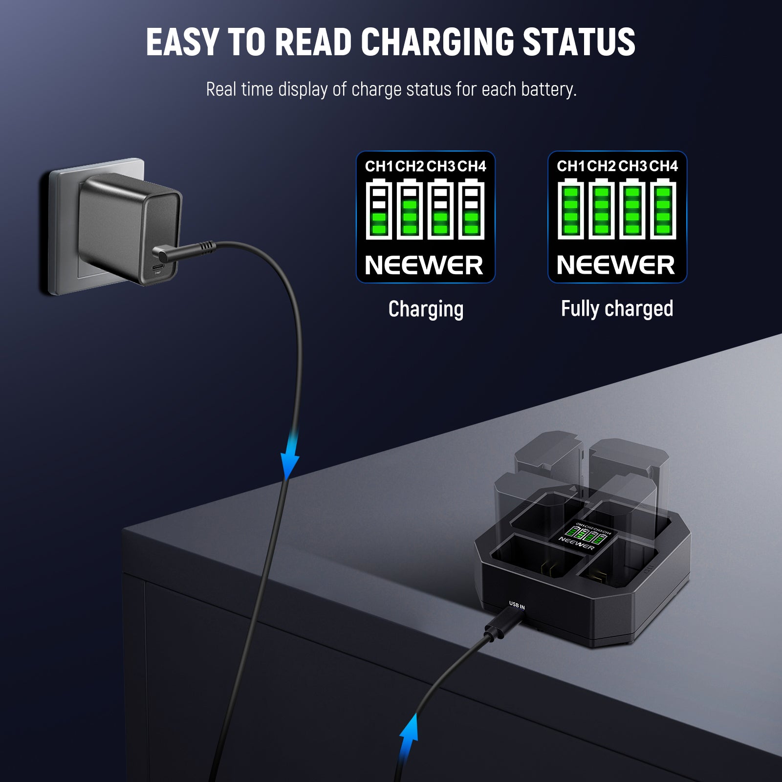 NEEWER NW-Z4 4 Channel Charger 45W PD Fast Charging for NP-FZ100 Battery