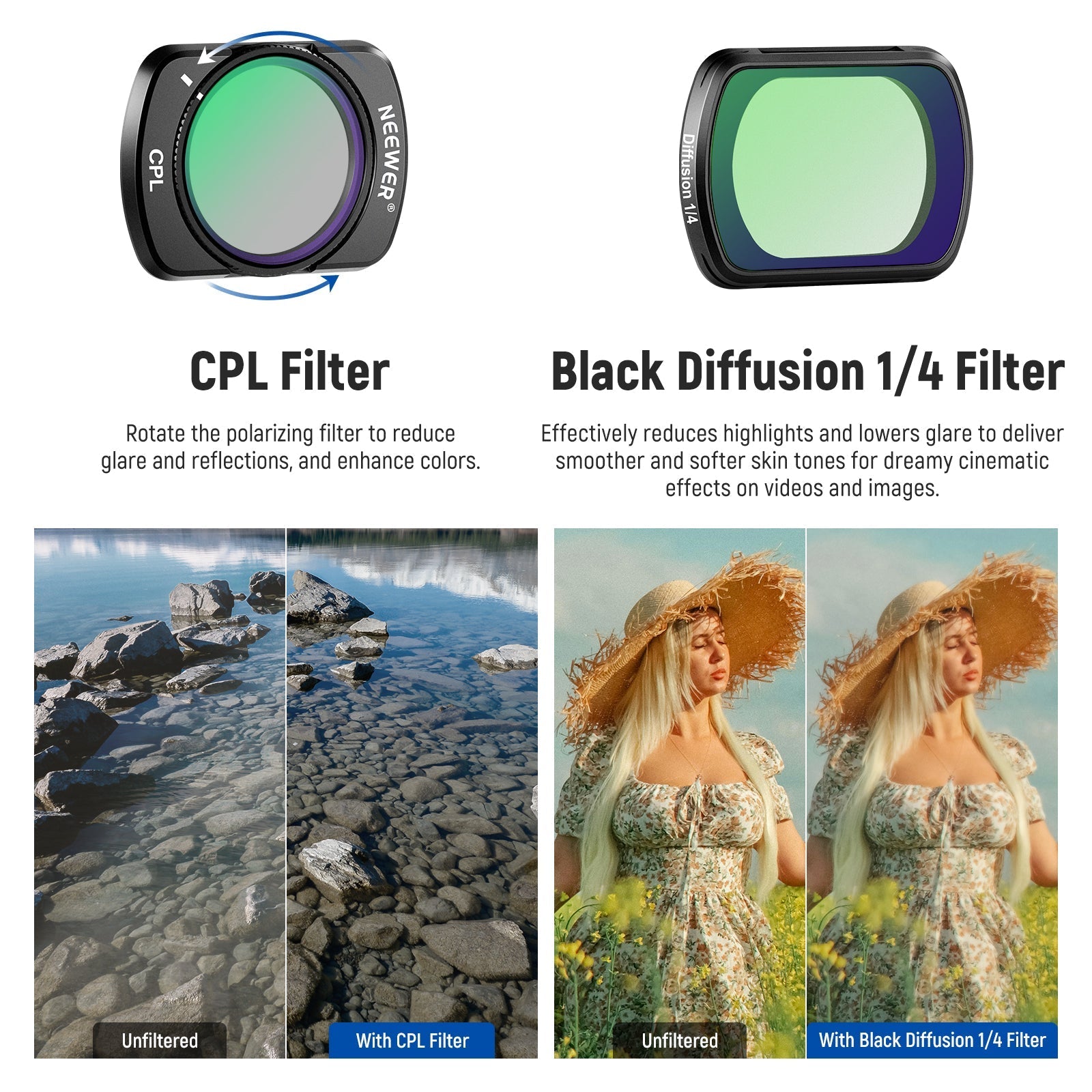 NEEWER Filter Set with Wide Angle Lens for DJI Osmo Pocket 3 / Pocket 4 & Xtra Muse
