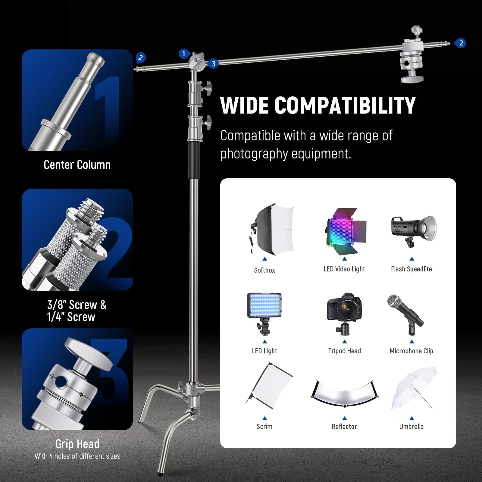 NEEWER SC320B 10ft/305cm Stainless Steel C Stand