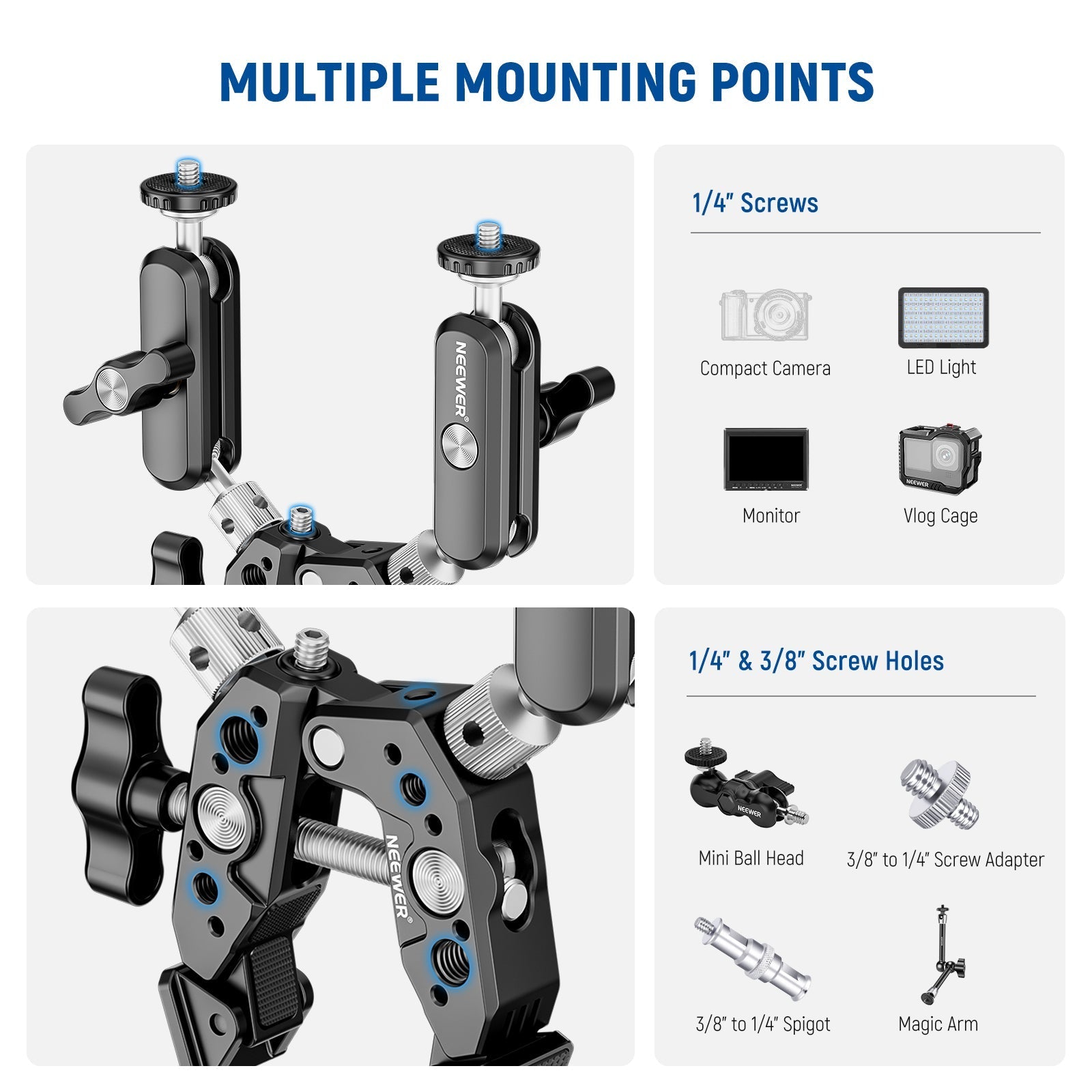 NEEWER Heavy Duty Super Clamp with Two 360° Dual Ball Head Magic Arms