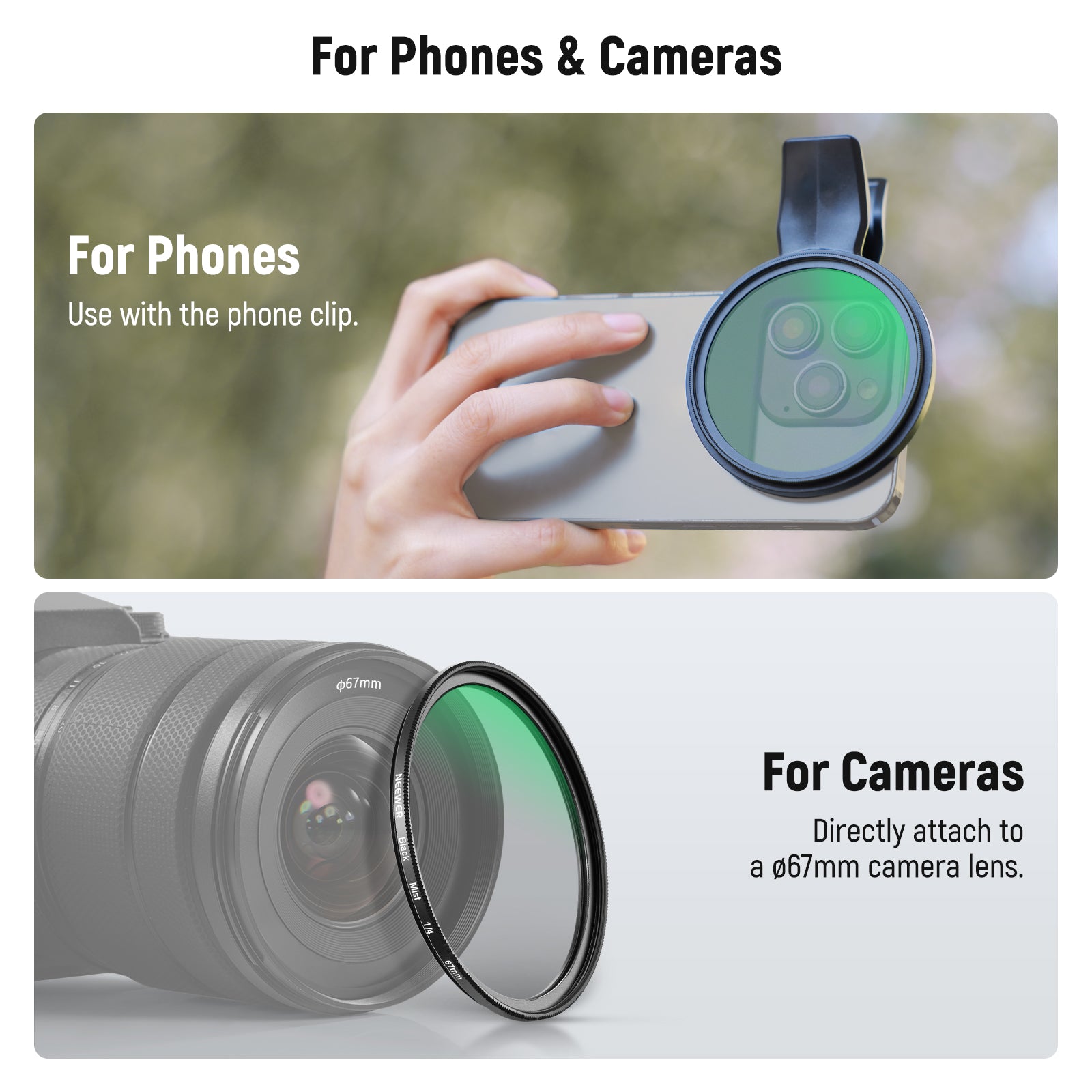 NEEWER FL-B24/FL-B20 67mm Black Diffusion 1/4 Filter with Clip For Smartphone