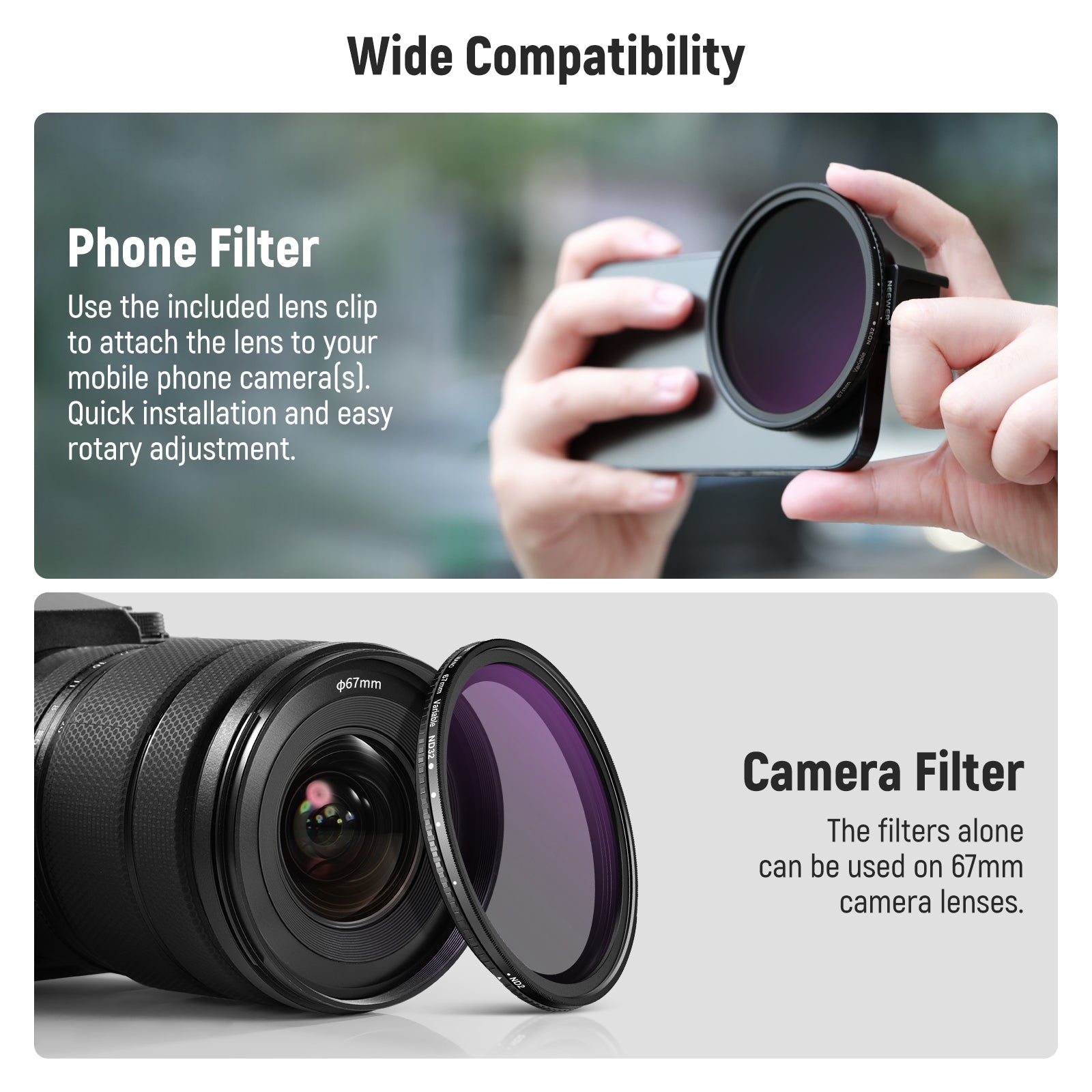 NEEWER Clip On 67mm ND2-ND32 HD Variable Phone Lens Filter Kit