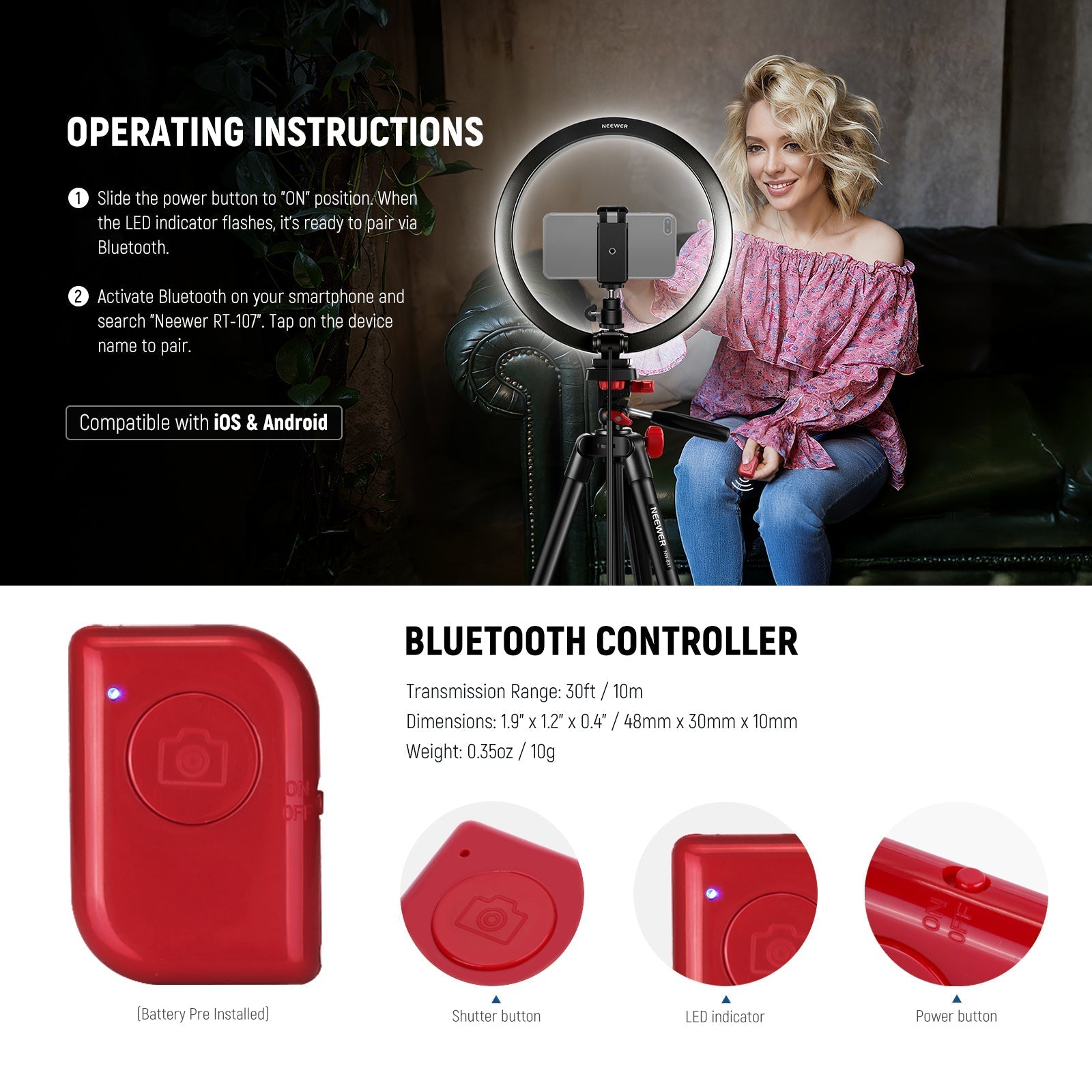 NEEWER BASICS RP10-H 10" Selfie Ring Light with Tripod/2 Phone Holders/QR Plate