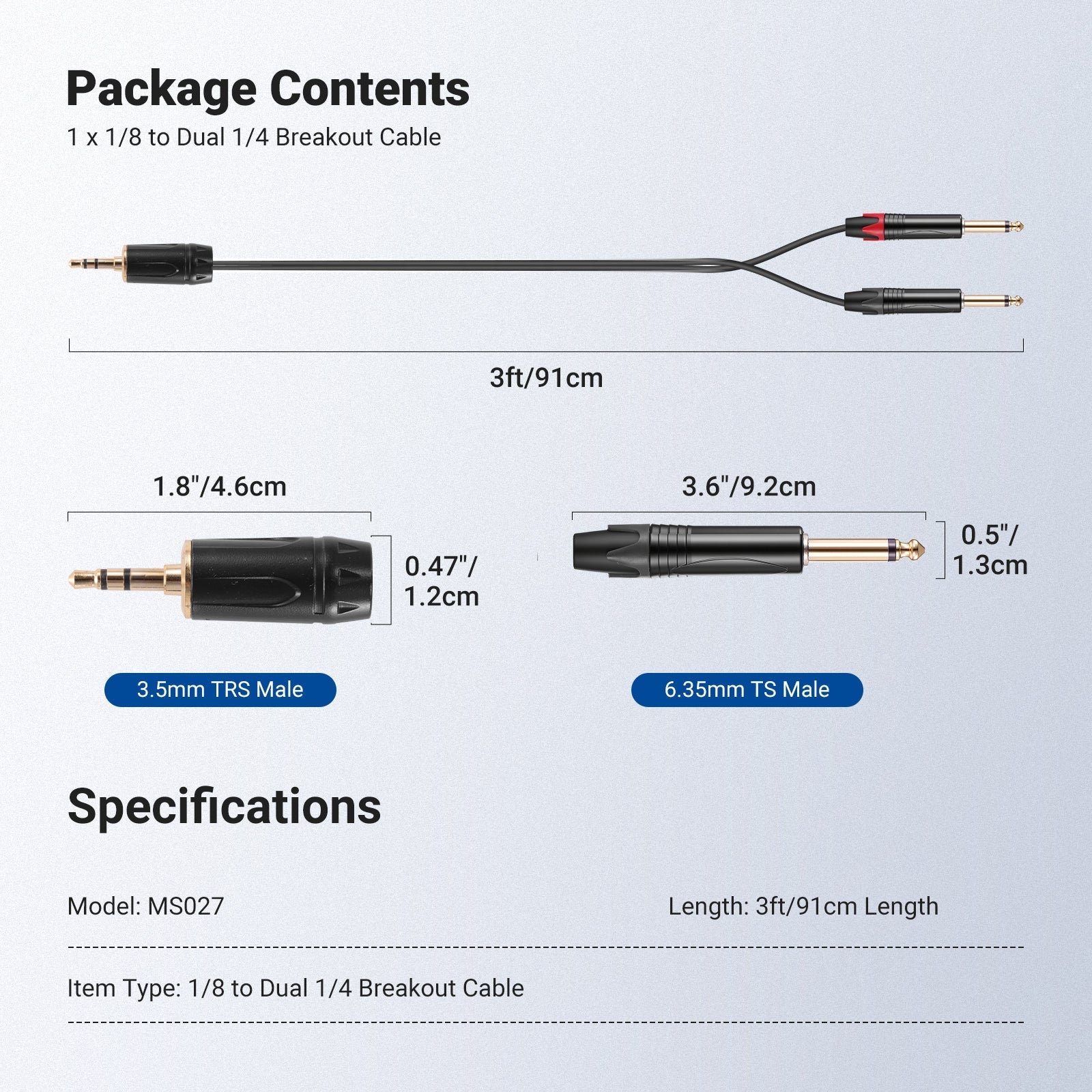 NEEWER 3.5mm 1/8 TRS to 1/4 Dual 6.35mm TS Breakout Cable
