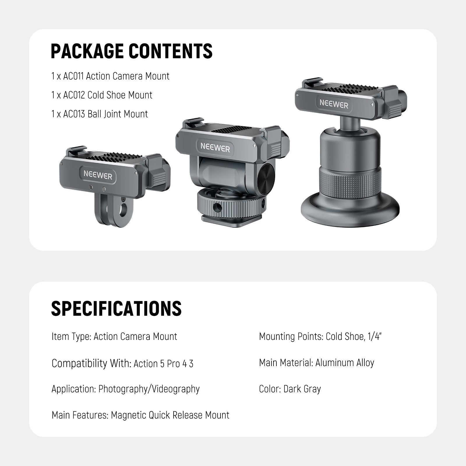 NEEWER AC011+AC012+ AC013 Action Camera Mount Kit For DJI Osmo Action 5 Pro/4/3