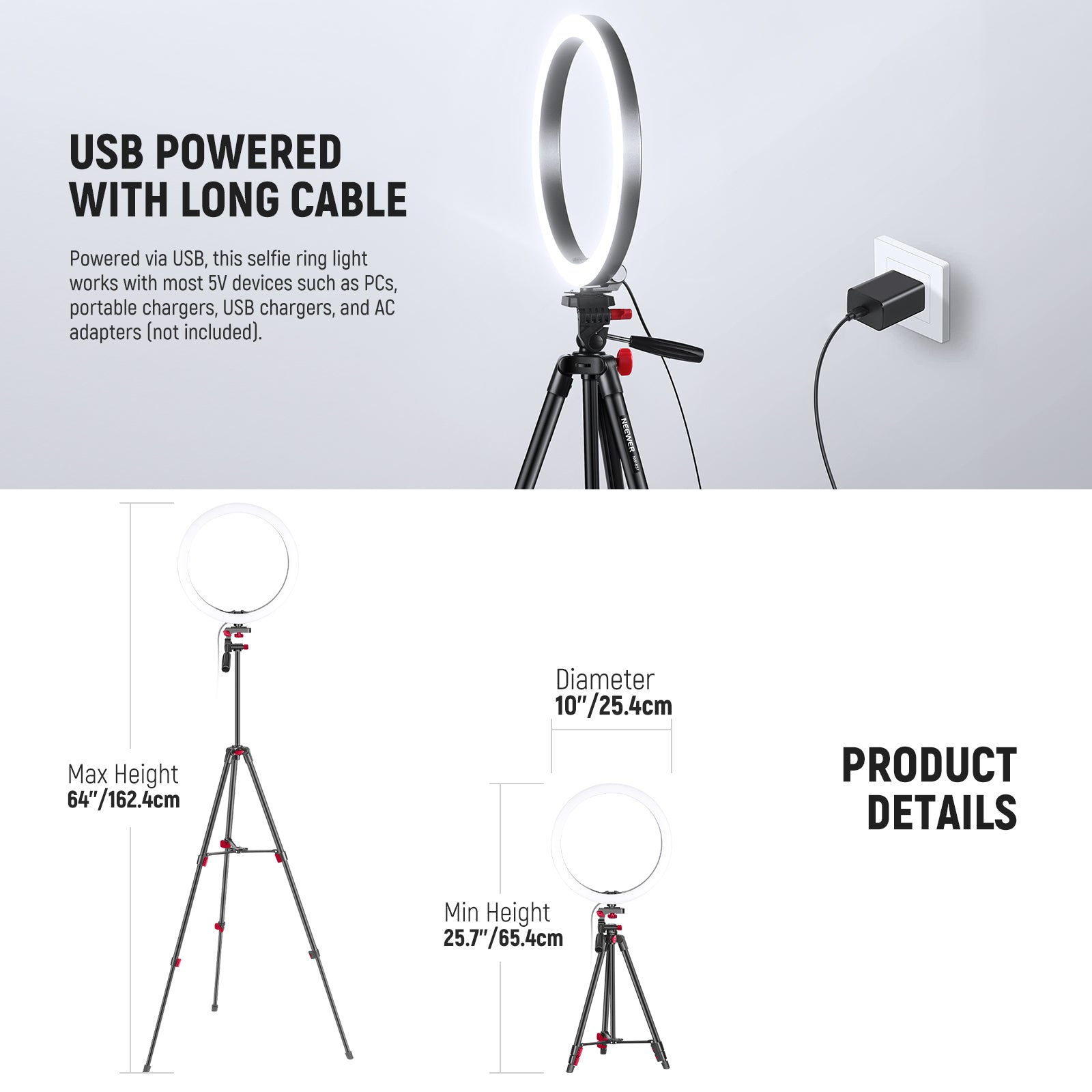 NEEWER BASICS RP10-H 10" Selfie Ring Light with Tripod/2 Phone Holders/QR Plate