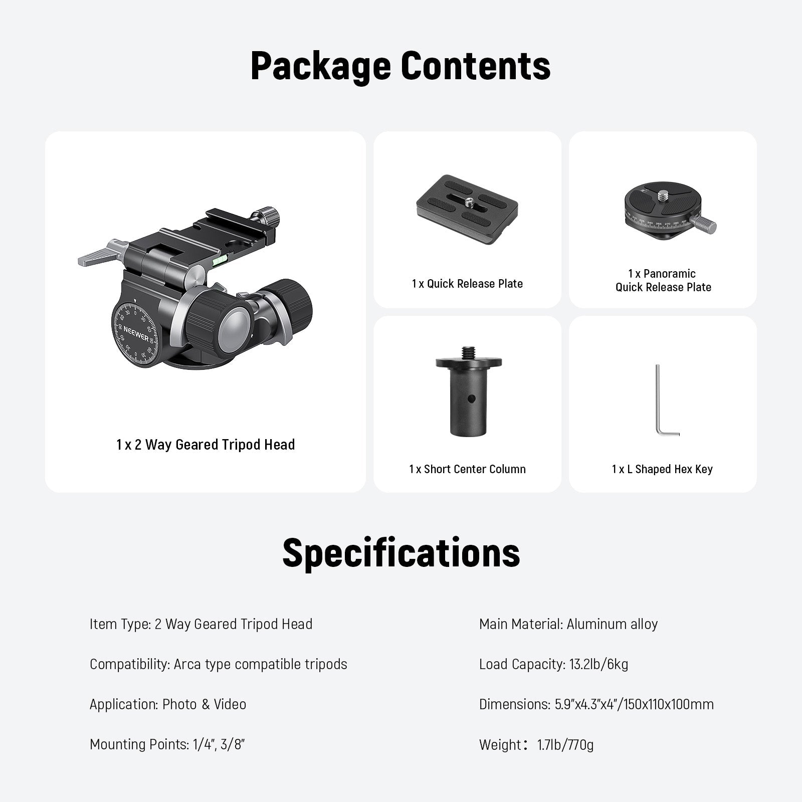 NEEWER TH14 2 Way Geared Tripod Head