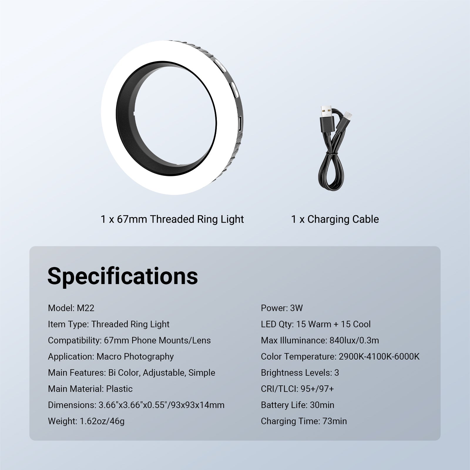 NEEWER BASICS M22 67mm Threaded Ring Light for 67mm Phone Mounts/Cases/Lens