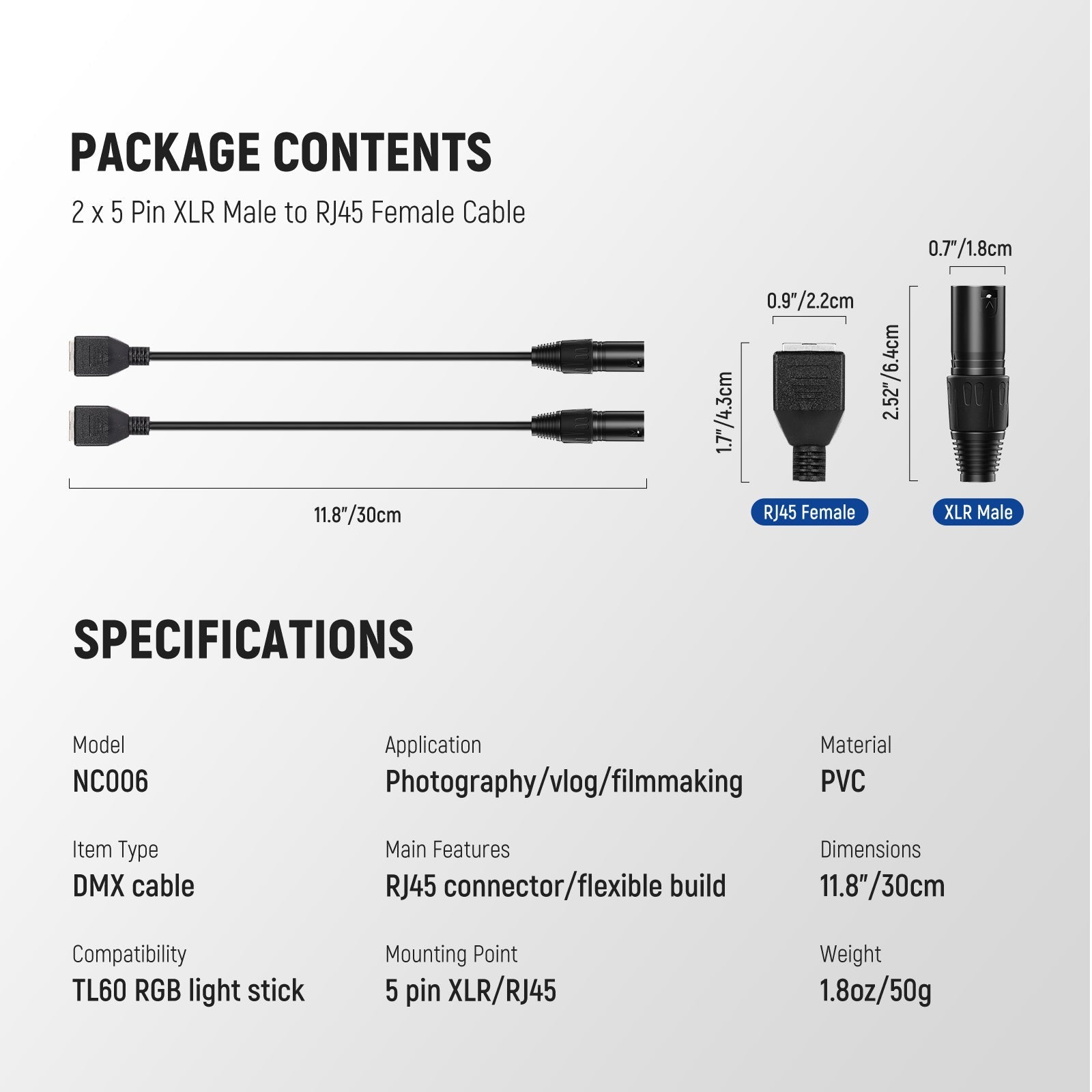 NEEWER 2 Packs NC006 5 Pin DMX XLR Male to RJ45 Female Cable