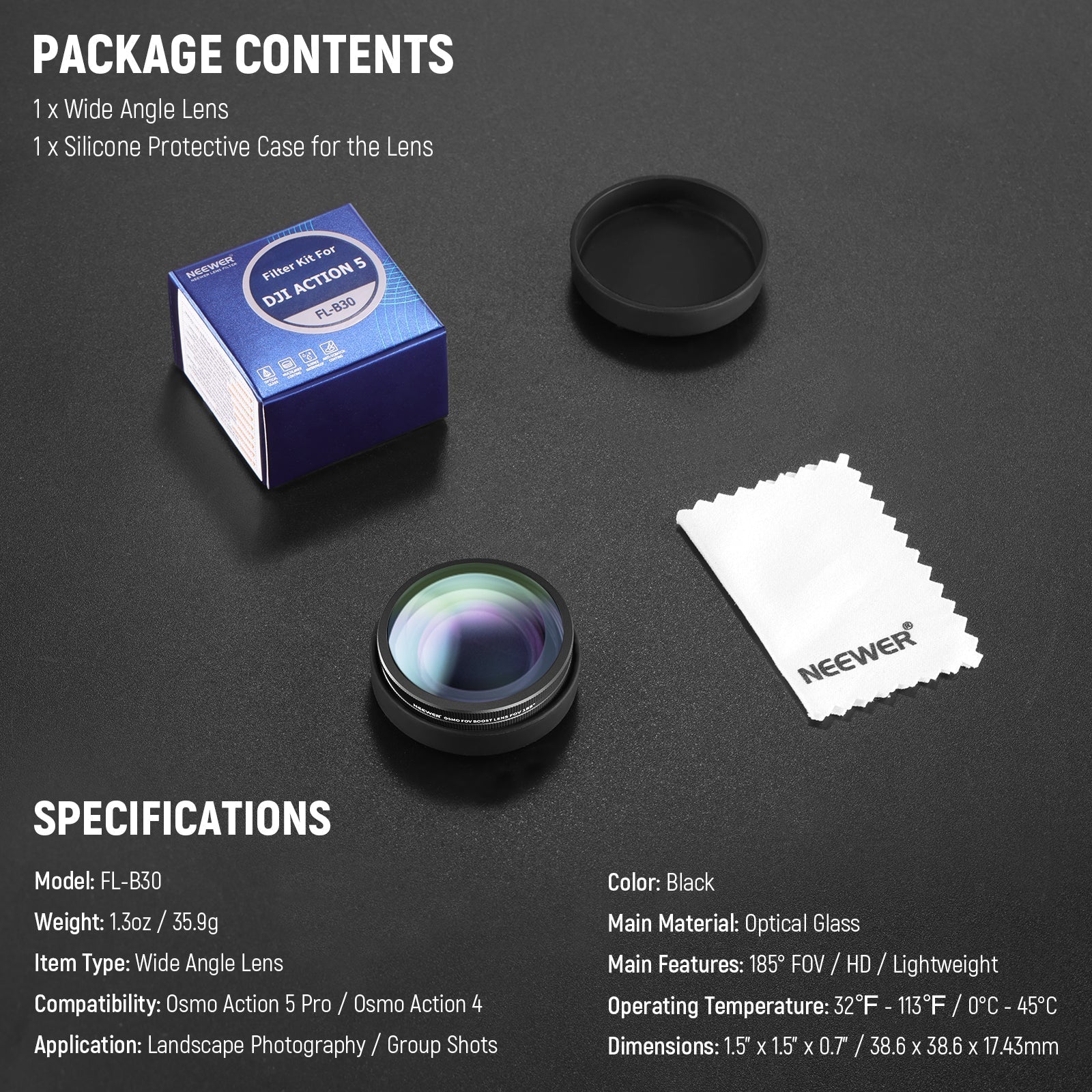NEEWER FL-B30 FOV Boost Lens 185° Wide Angle for DJI OSMO Action 4/5 Pro