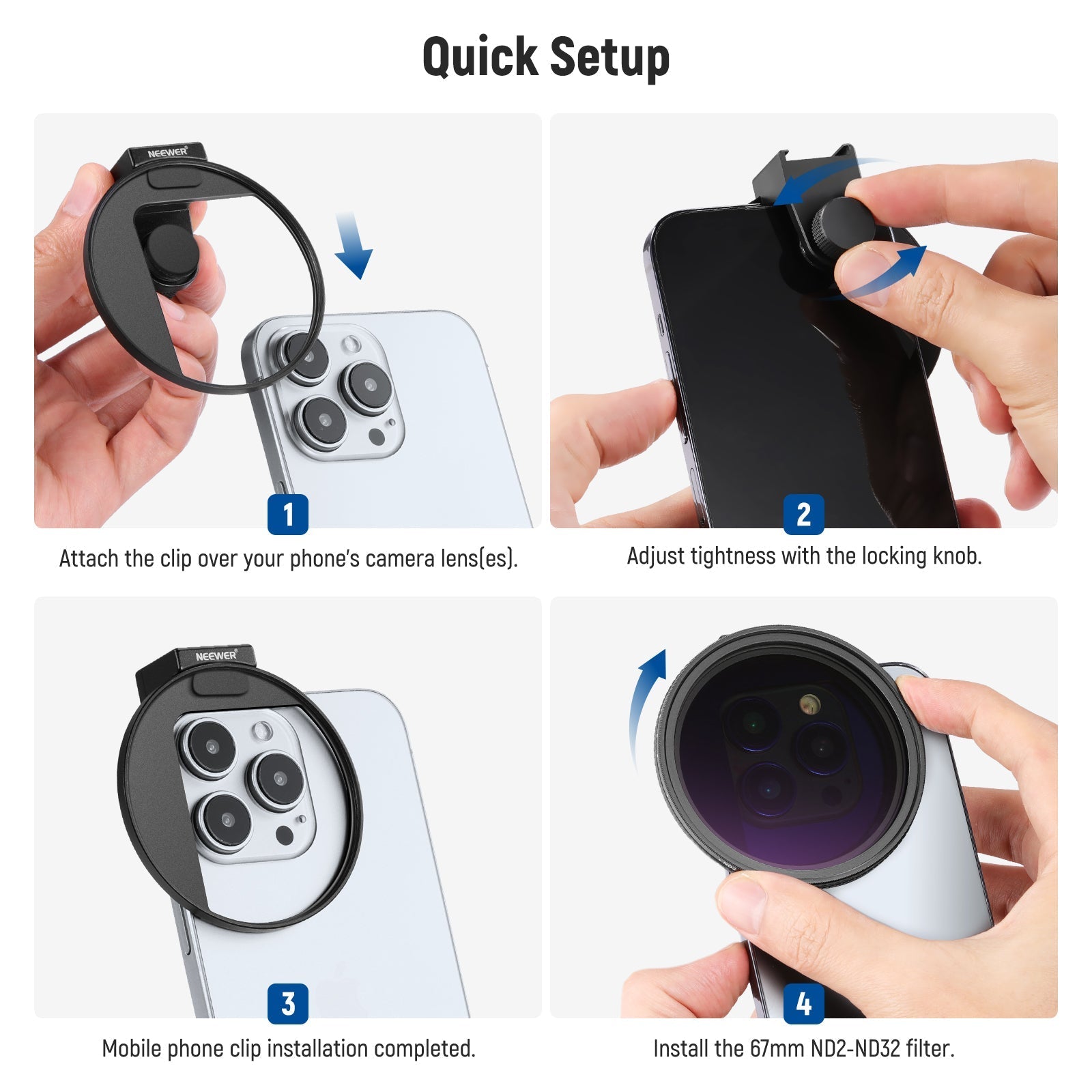 NEEWER Clip On 67mm ND2-ND32 HD Variable Phone Lens Filter Kit