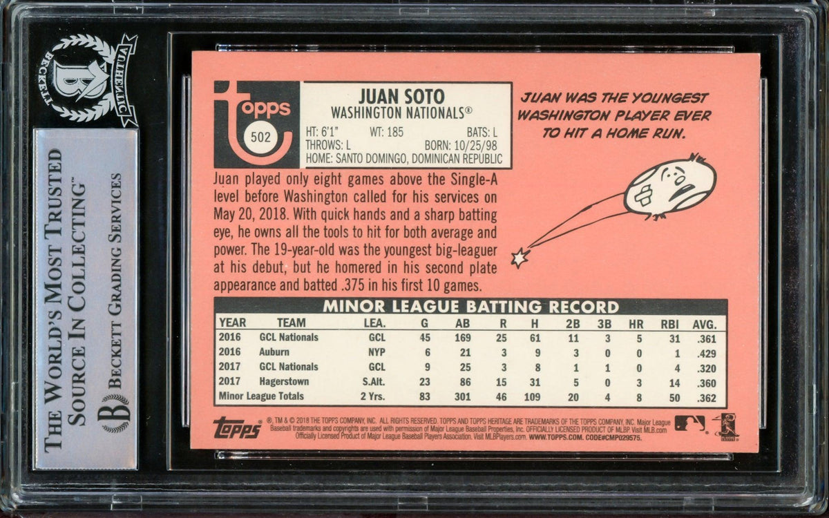 Juan Soto Autographed 2018 Topps Heritage Rookie Card #502 Washington Nationals (Off-Center) Beckett BAS #14231618