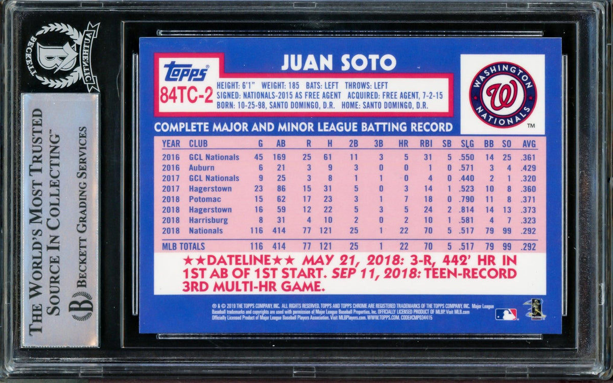 Juan Soto Autographed 2019 Topps Chrome Refractor 1984 Rookie Card #84TC-2 Washington Nationals Beckett BAS #14231624