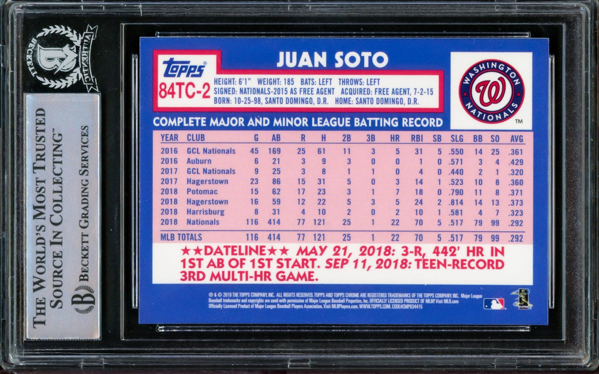 Juan Soto Autographed 2019 Topps Chrome Refractor 1984 Rookie Card #84TC-2 Washington Nationals Beckett BAS #14231626