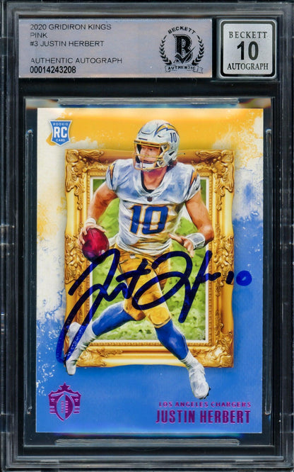 Justin Herbert Autographed 2020 Panini Chronicles Gridiron Kings Pink Rookie Card #GK-3 Los Angeles Chargers Auto Grade Gem Mint 10 Beckett BAS #14243208