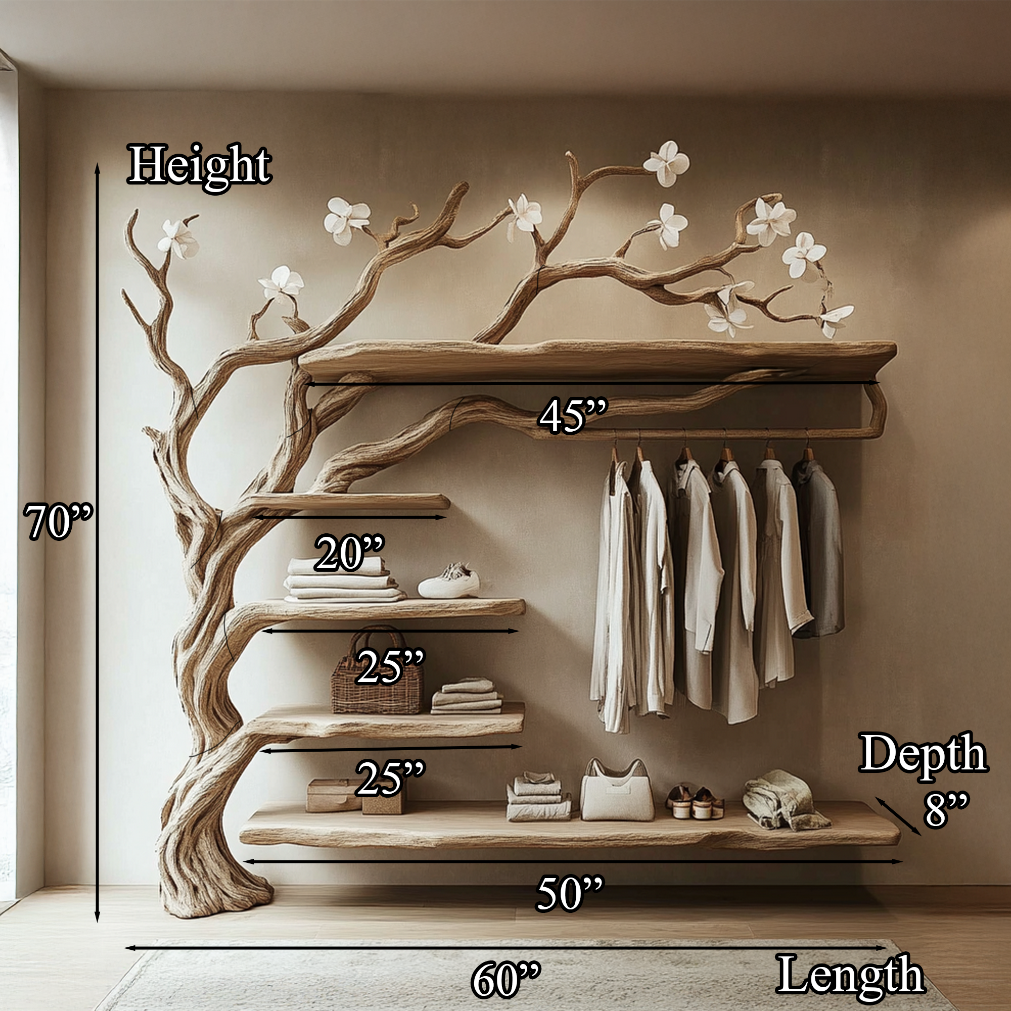 Rustic Tree Coat Rack Wall Mounted Handcrafted