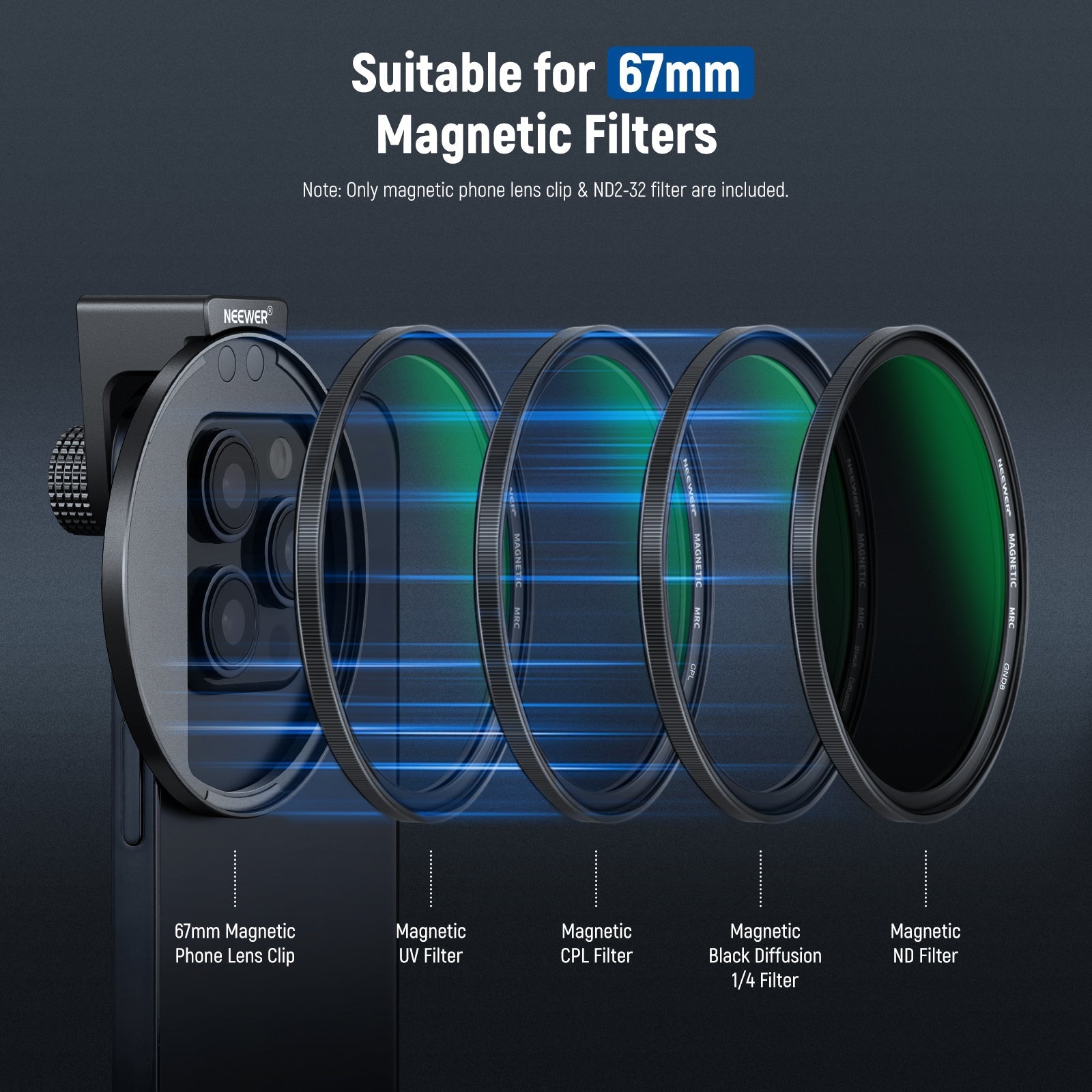 NEEWER Clip On 67mm ND2-ND32 HD Variable Phone Lens Filter Kit