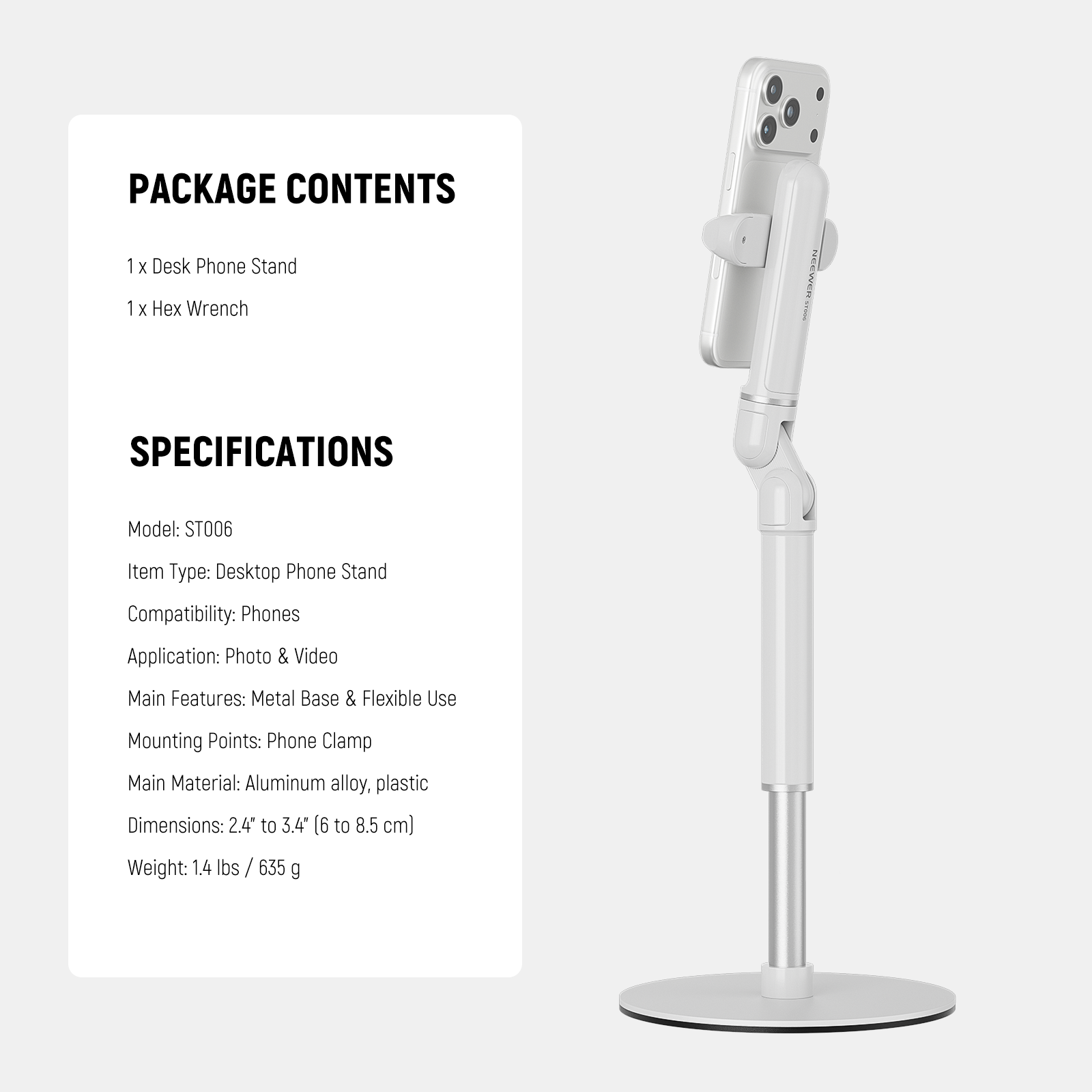 NEEWER BASICS ST006 Adjustable Phone Holder Stand for Desk