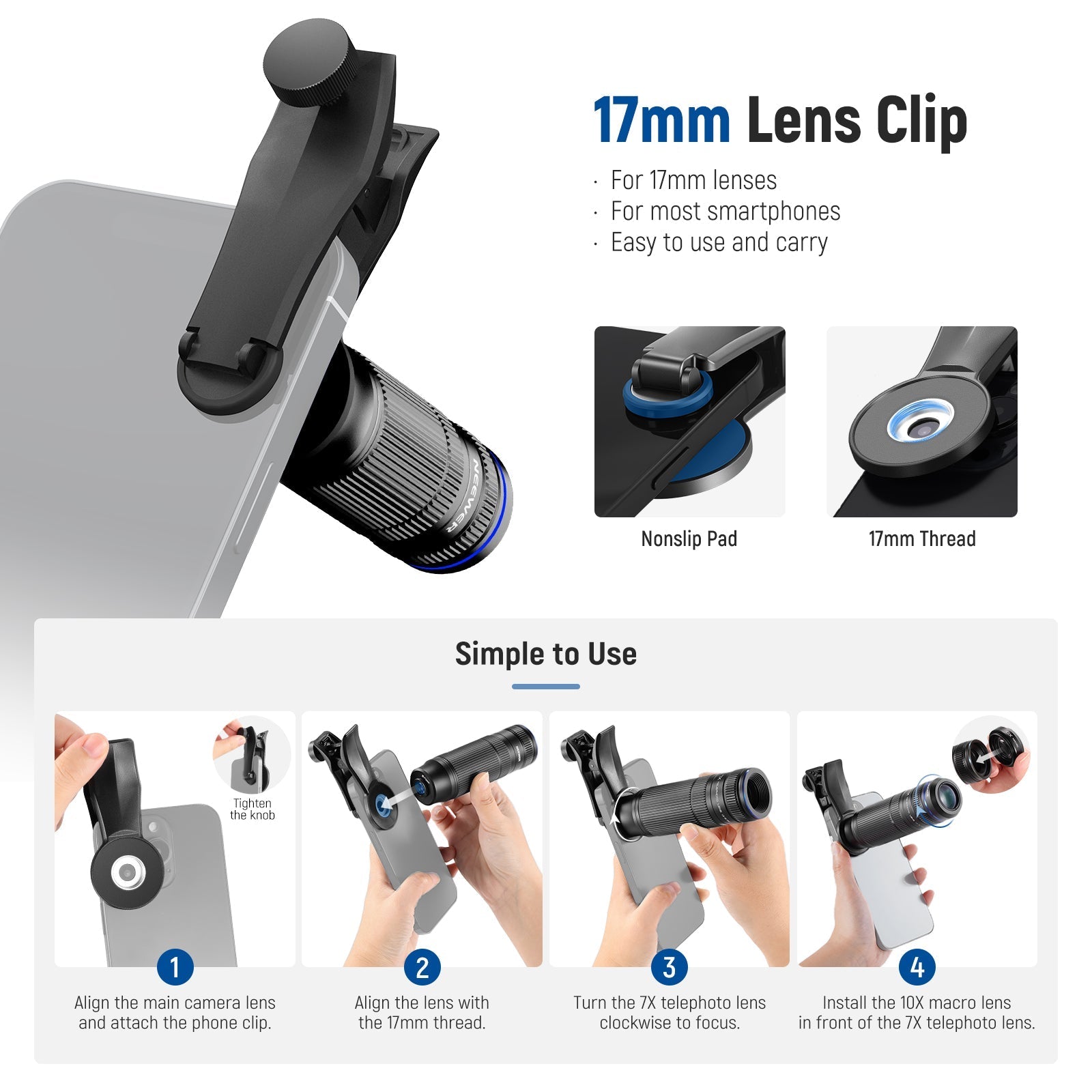 NEEWER LS-36 Ultra 7X Telephoto Lens with 10X Magnification & Phone Lens Clip