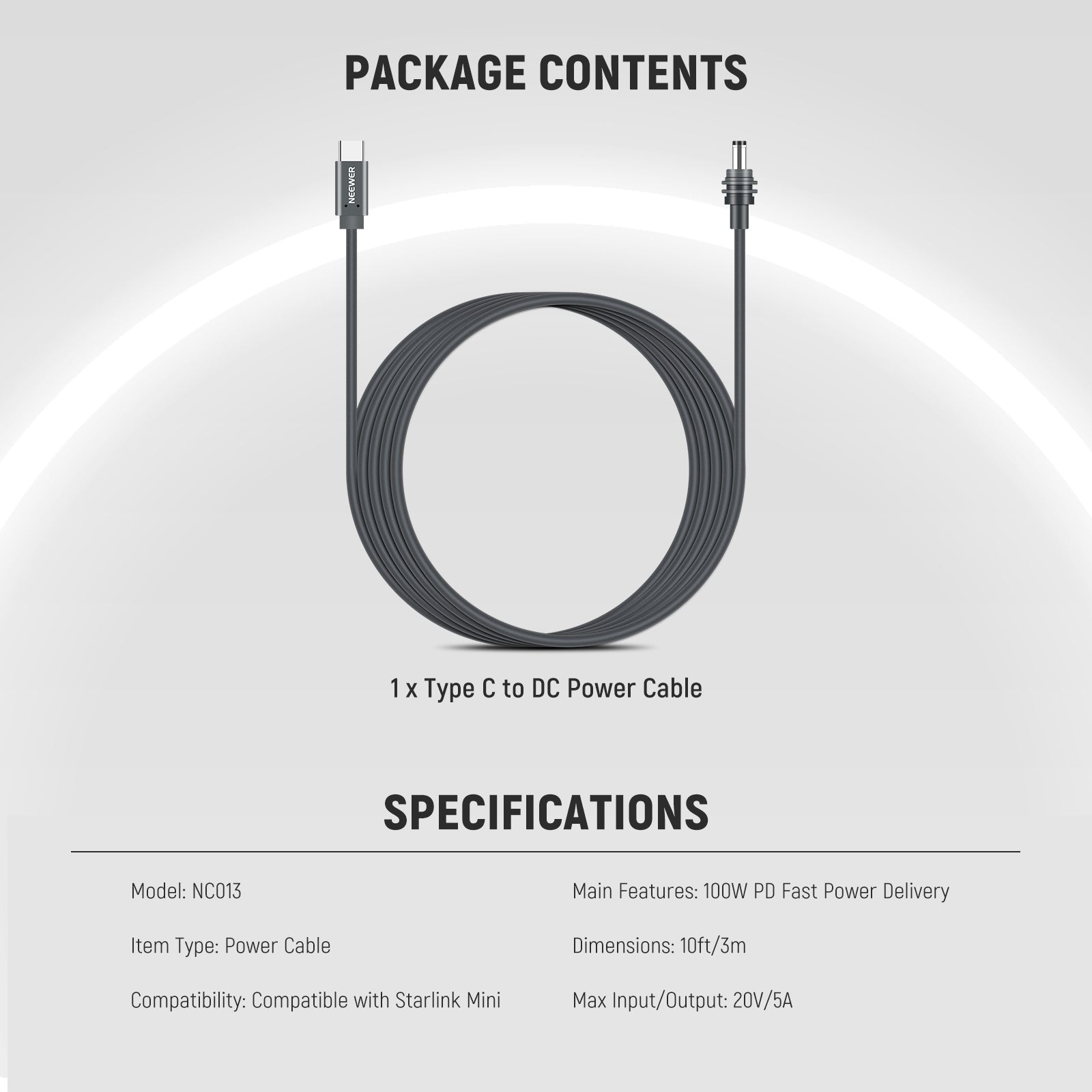 NEEWER NC013 100W PD USB C to DC Power Cable For Starlink Mini