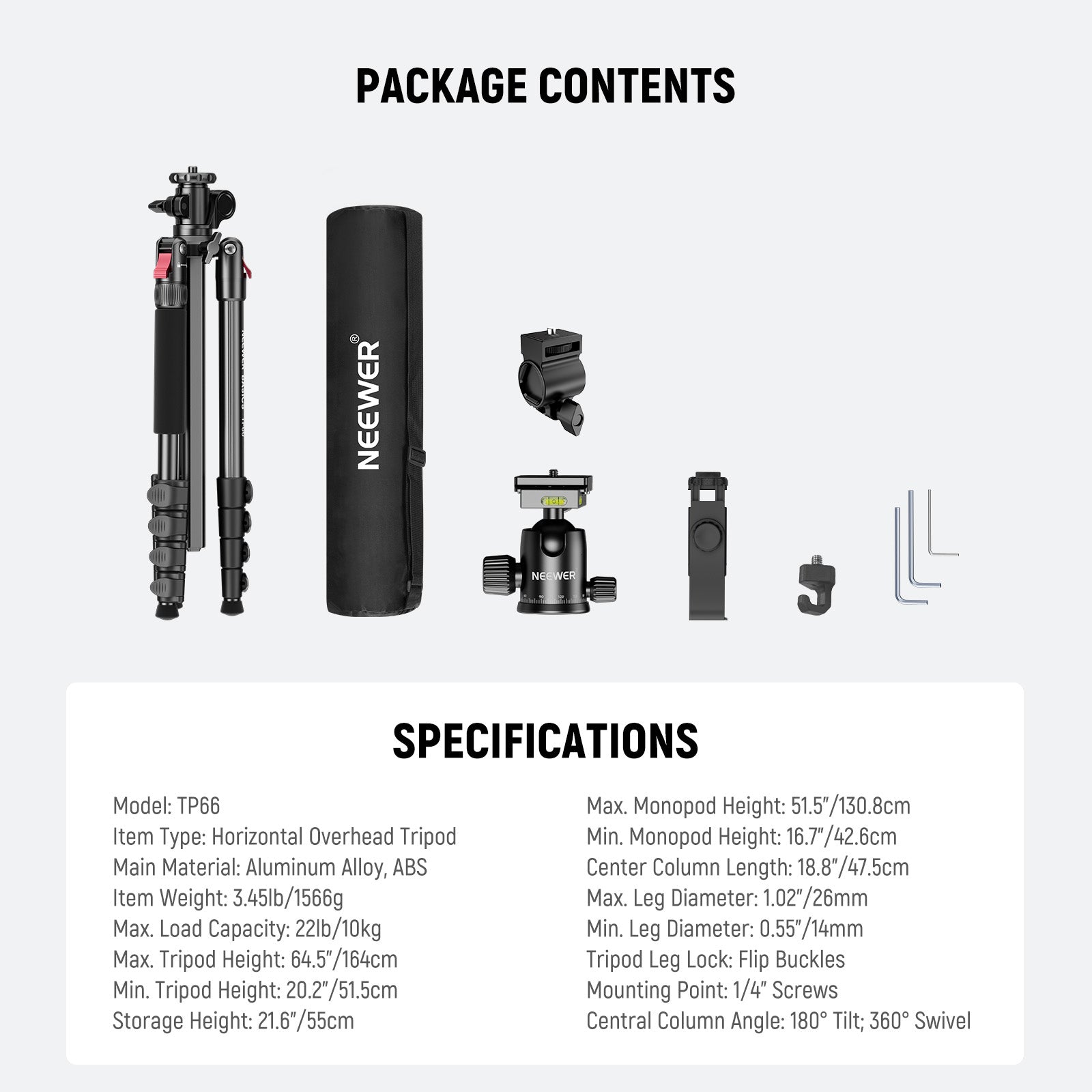 NEEWER BASICS TP66 64.5"/164cm Horizontal Overhead Tripod