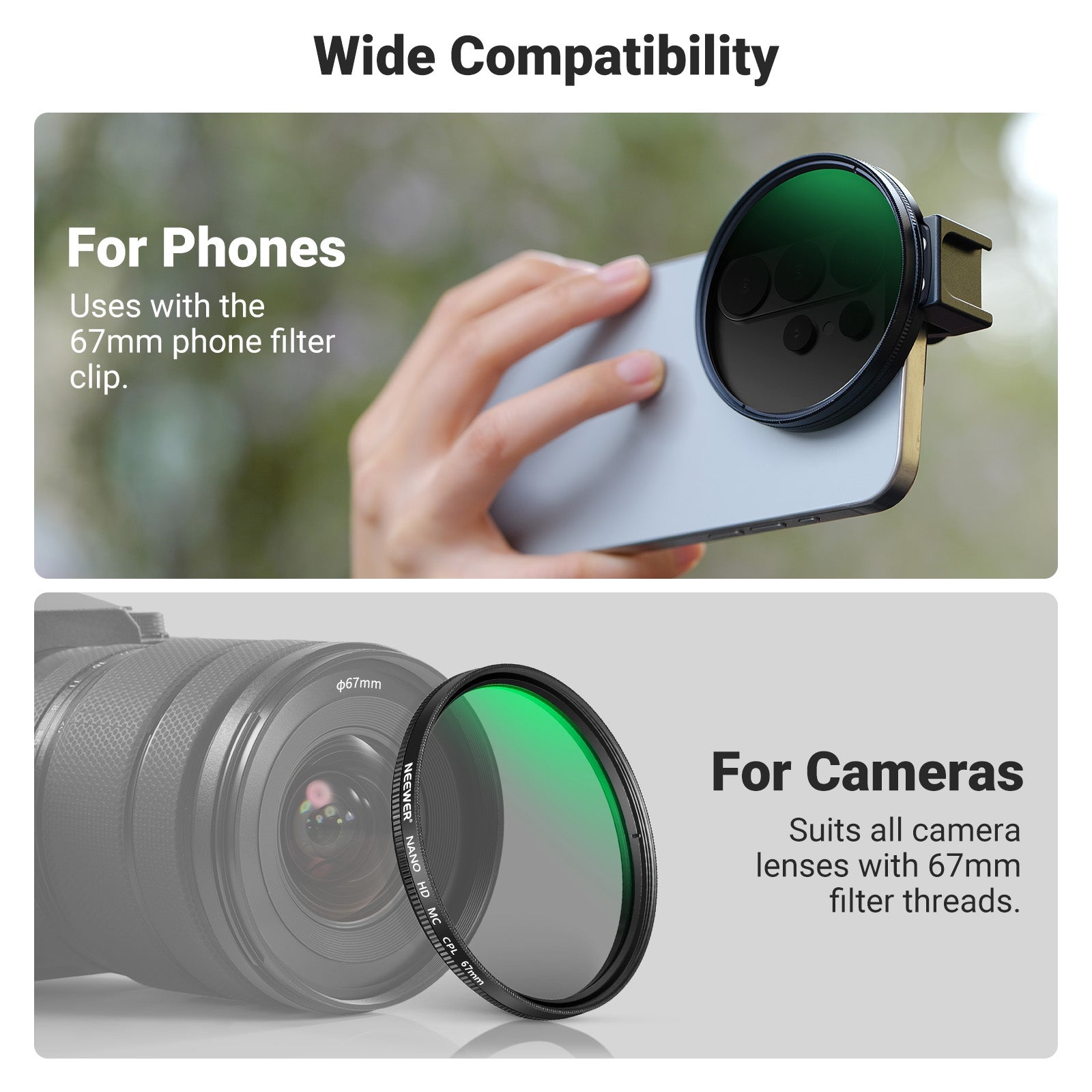 NEEWER FL-113 67mm Phone CPL Filter with Cold Shoe Clip(Compatible with S26)