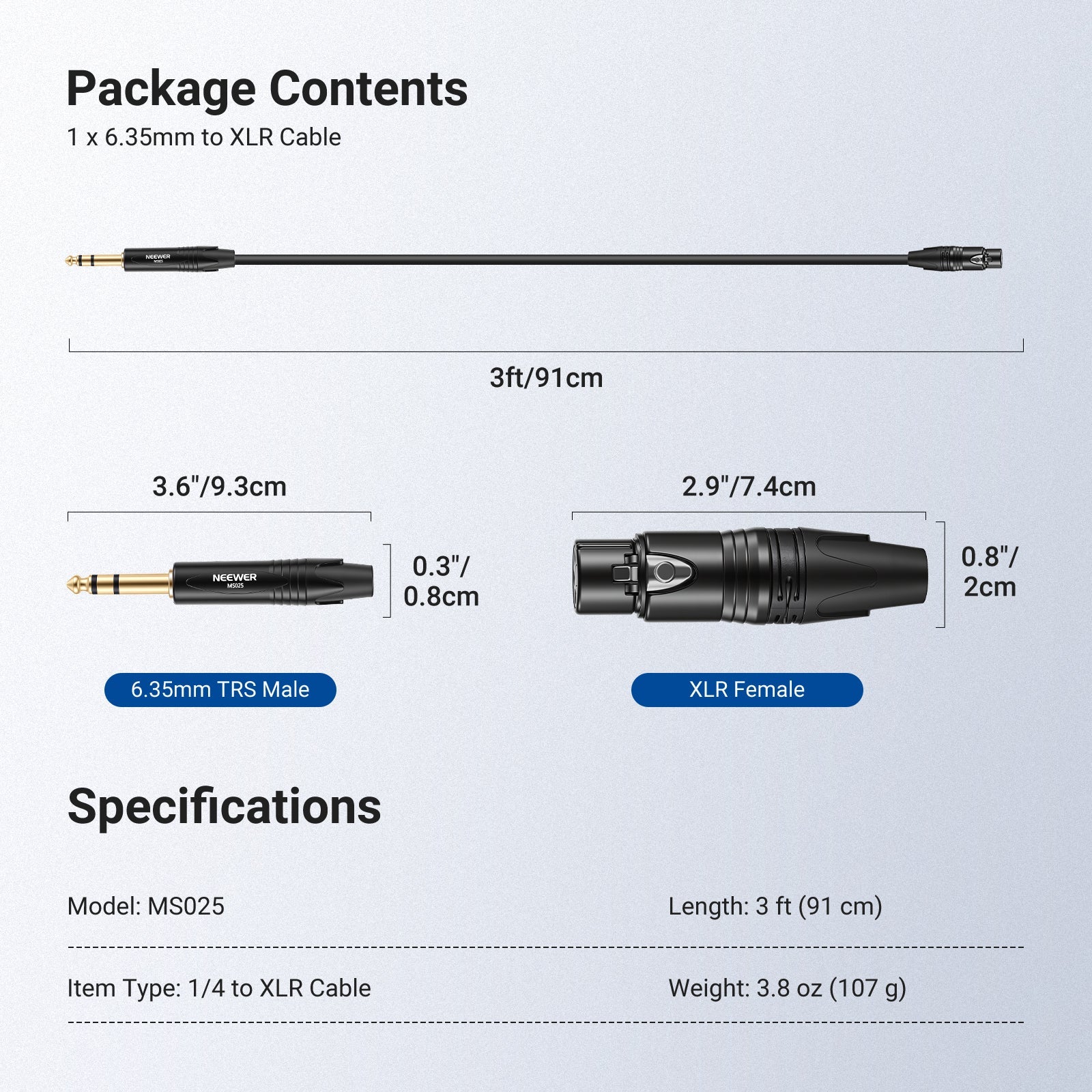NEEWER MS025 6.35mm 1/4 Inch TRS to XLR Female Cable