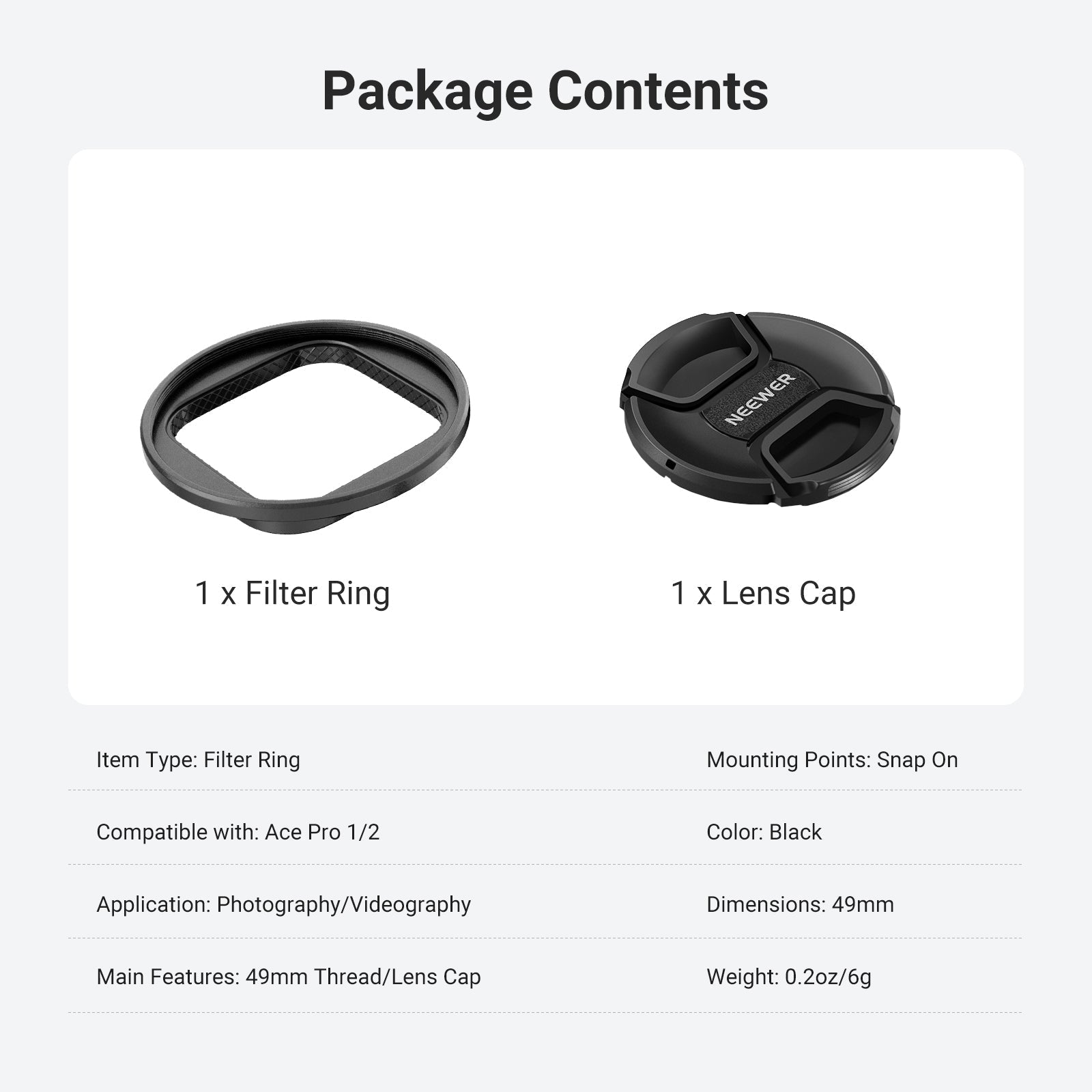 NEEWER 49mm Filter Adapter Ring Compatible with Insta360 Ace Pro 1/2