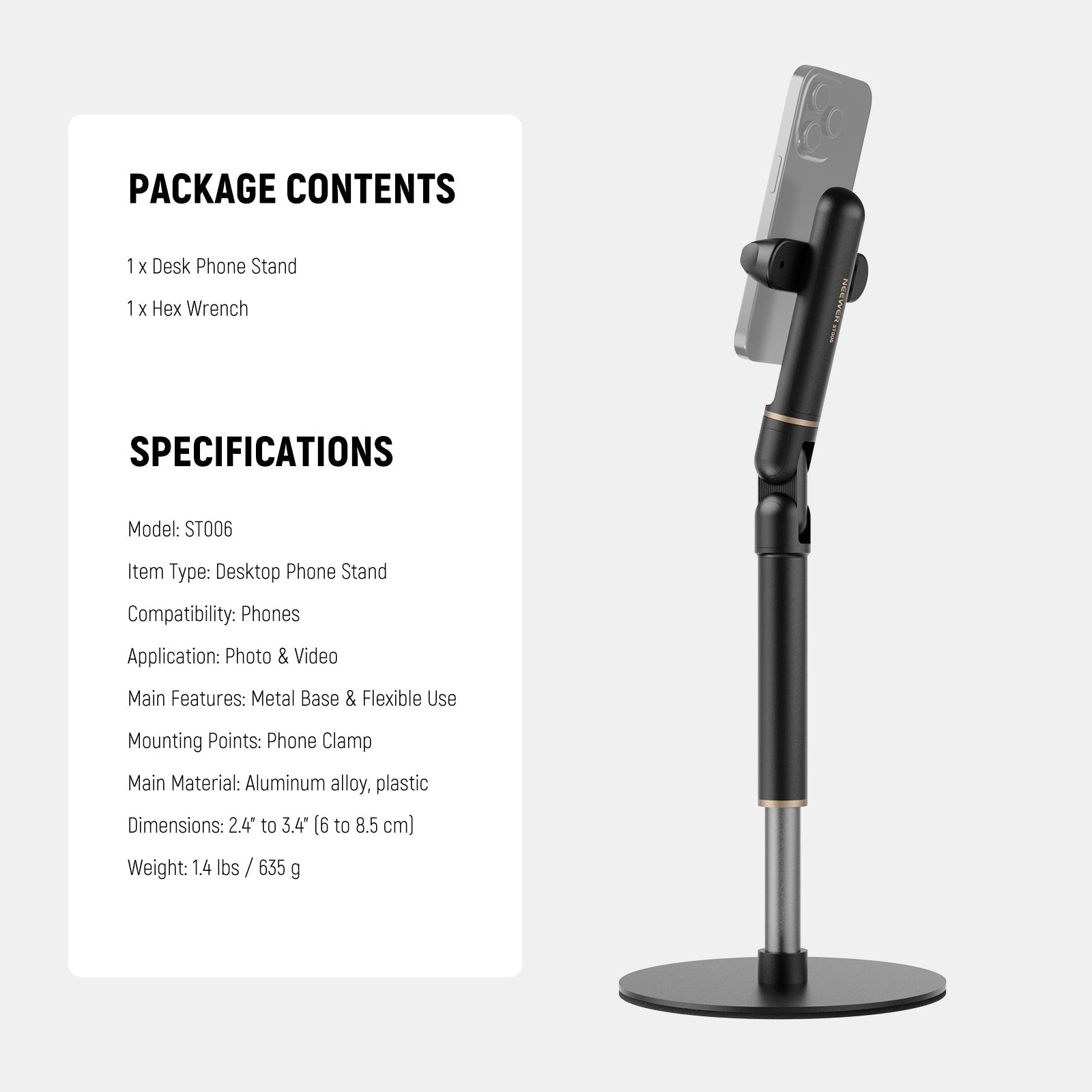 NEEWER BASICS ST006 Adjustable Phone Holder Stand for Desk