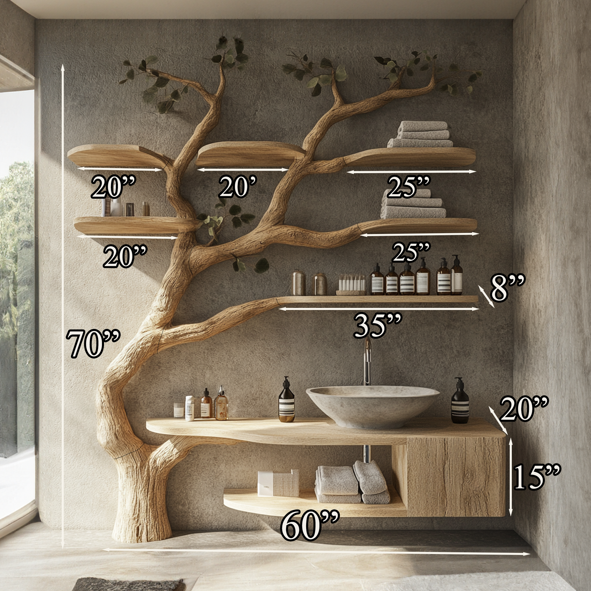 Wood Vanity With Mini Sink Floating Shelves Tree Branches