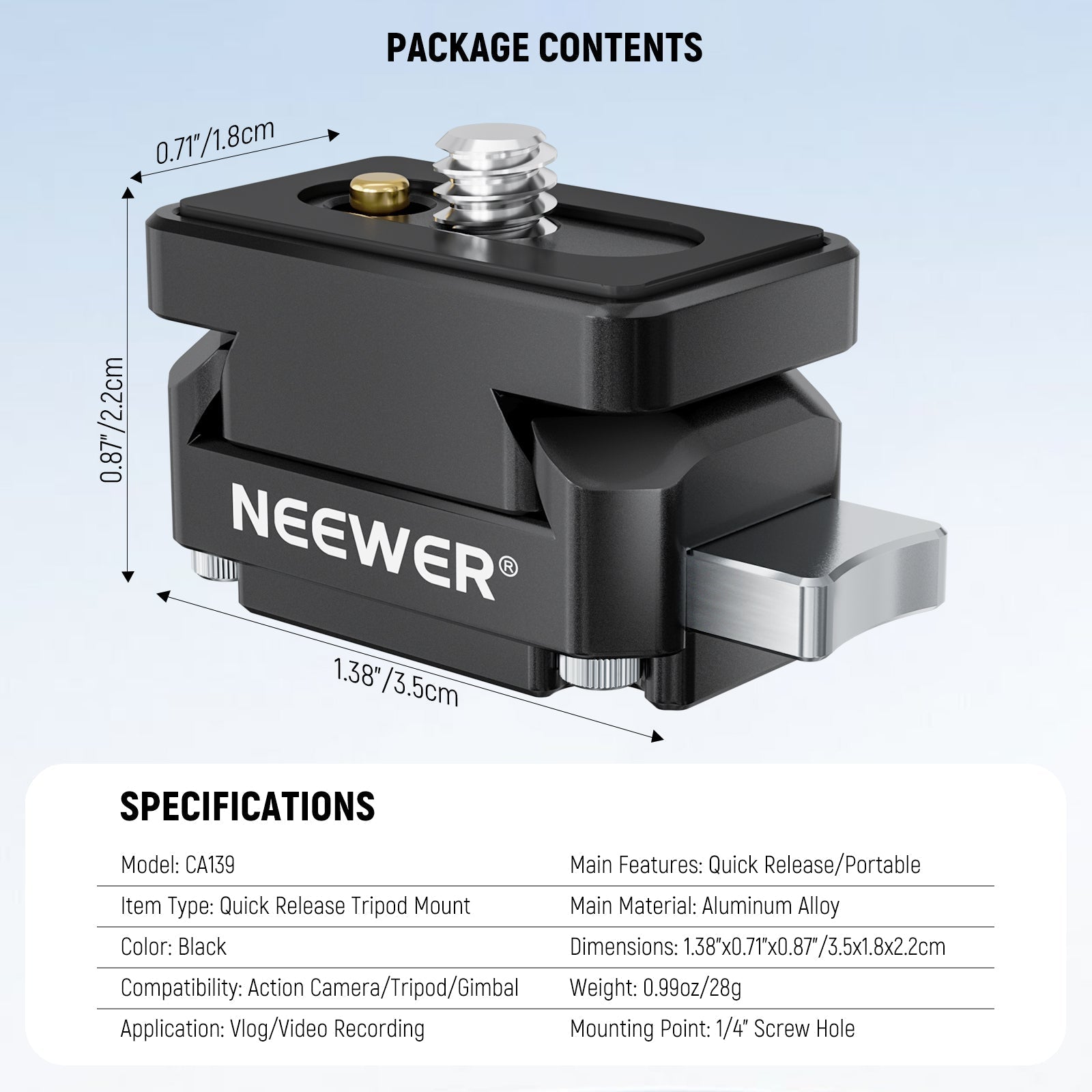 NEEWER CA139 Action Camera Quick Release Plate Tripod Mount