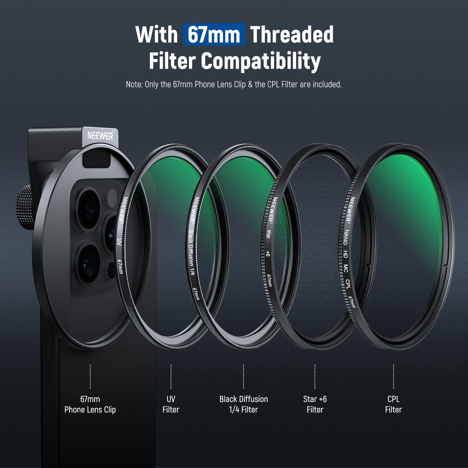 NEEWER FL-41 67mm CPL Filter for Cell Phone Camera Lens