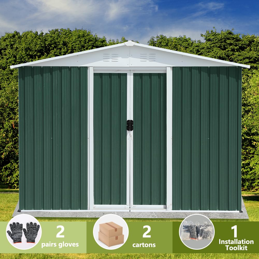 8x6FT Outdoor Metal Storage Shed | Green Galvanized Steel Garden Shed