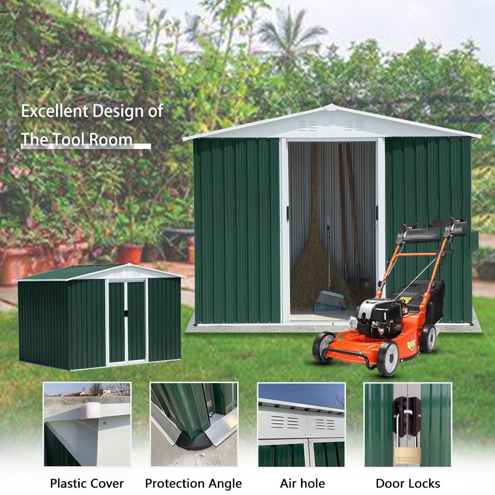 8x6FT Outdoor Metal Storage Shed | Green Galvanized Steel Garden Shed