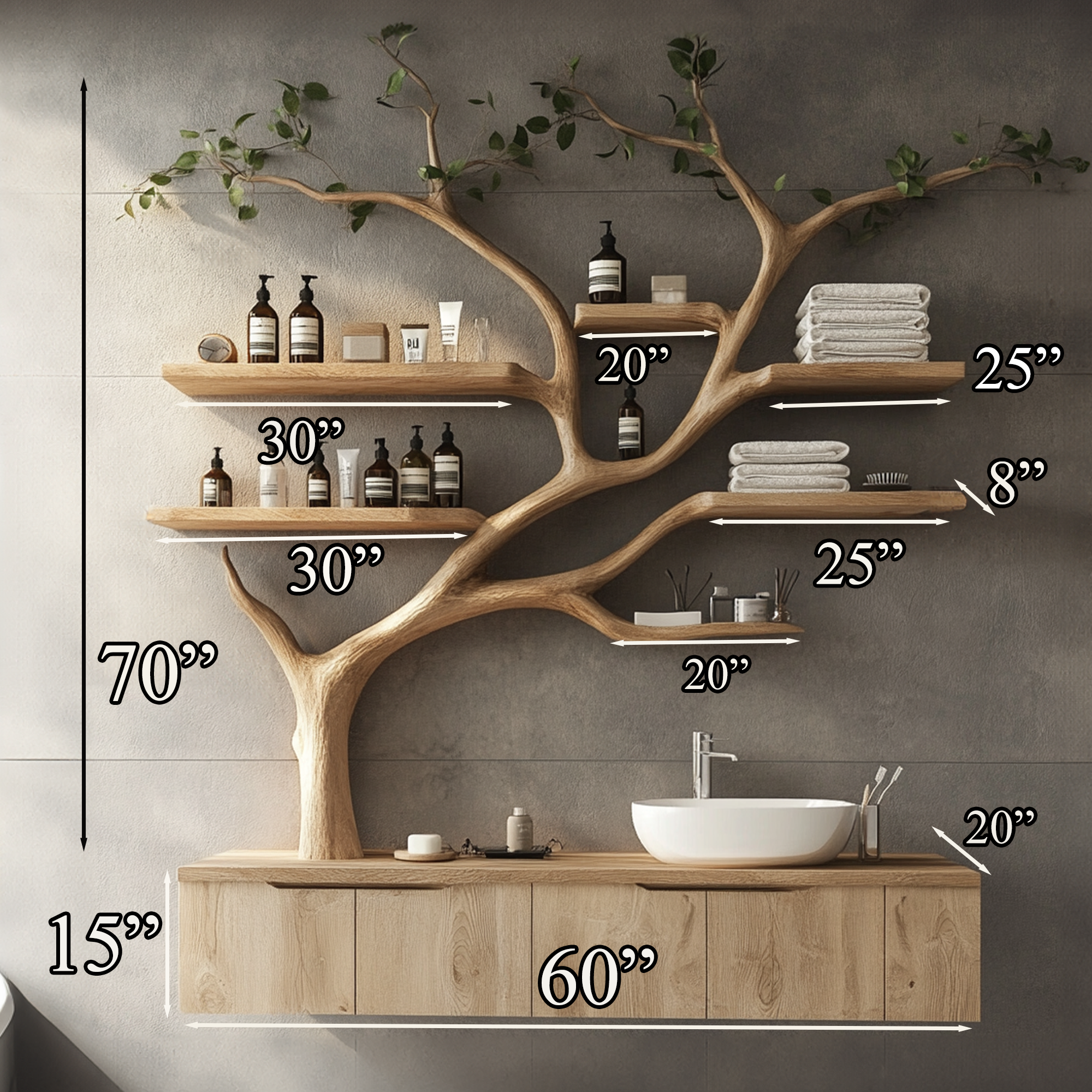 Tree Branches Rustic Bathroom Vanity With Sink Floating Shelves