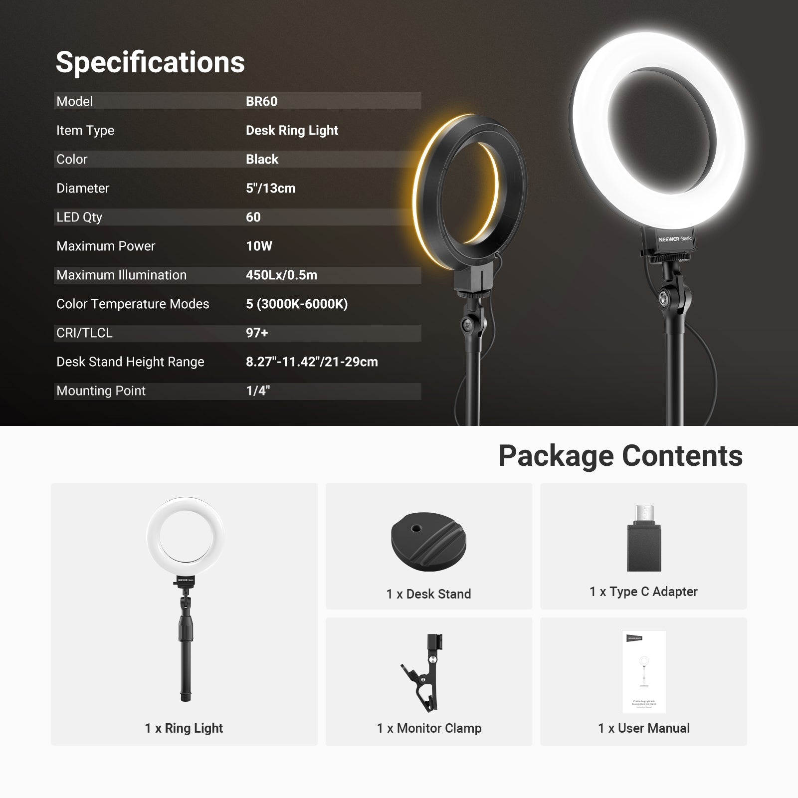 NEEWER BASICS BR60 5" Desk Ring Light with Stand & Monitor Clamp