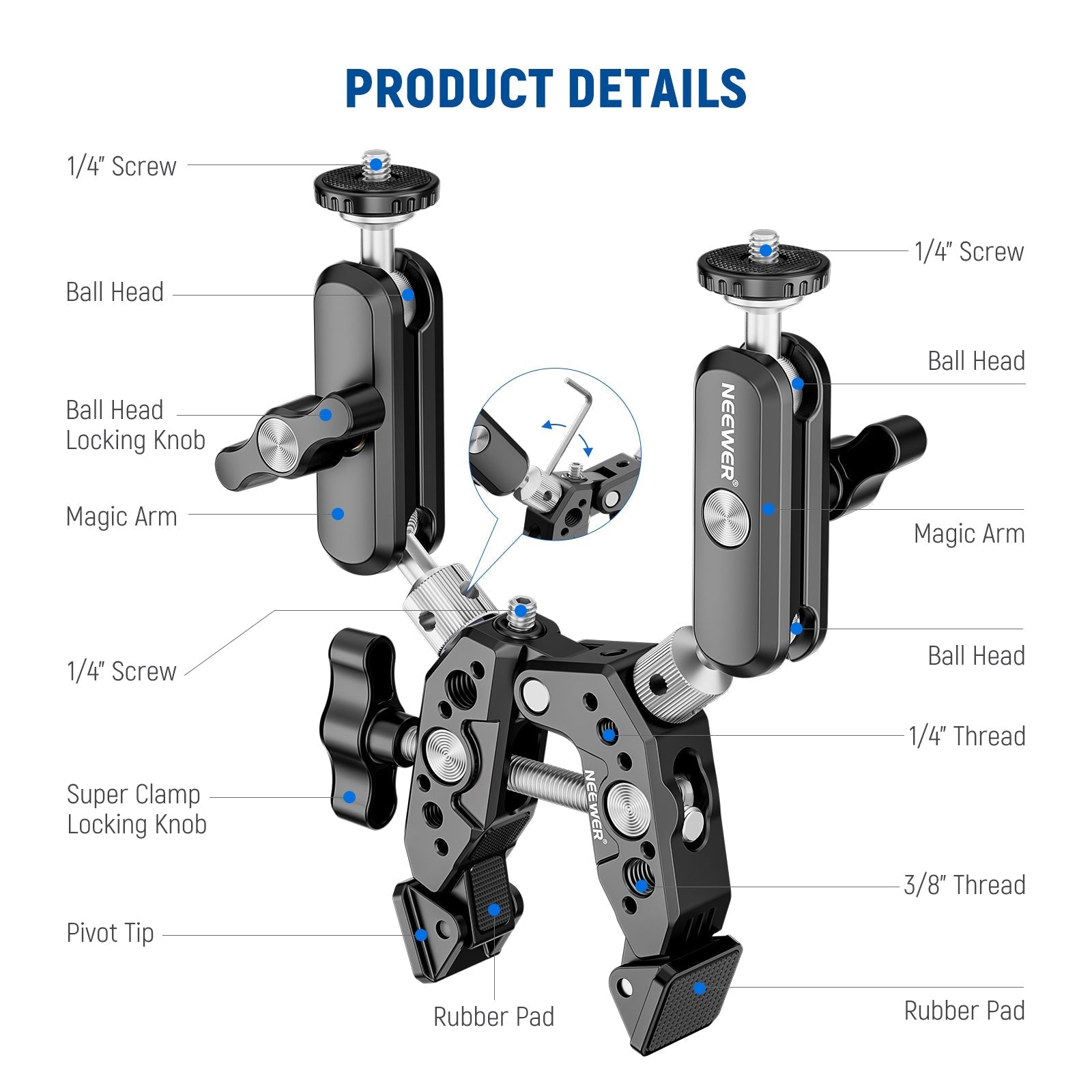 NEEWER Heavy Duty Super Clamp with Two 360° Dual Ball Head Magic Arms
