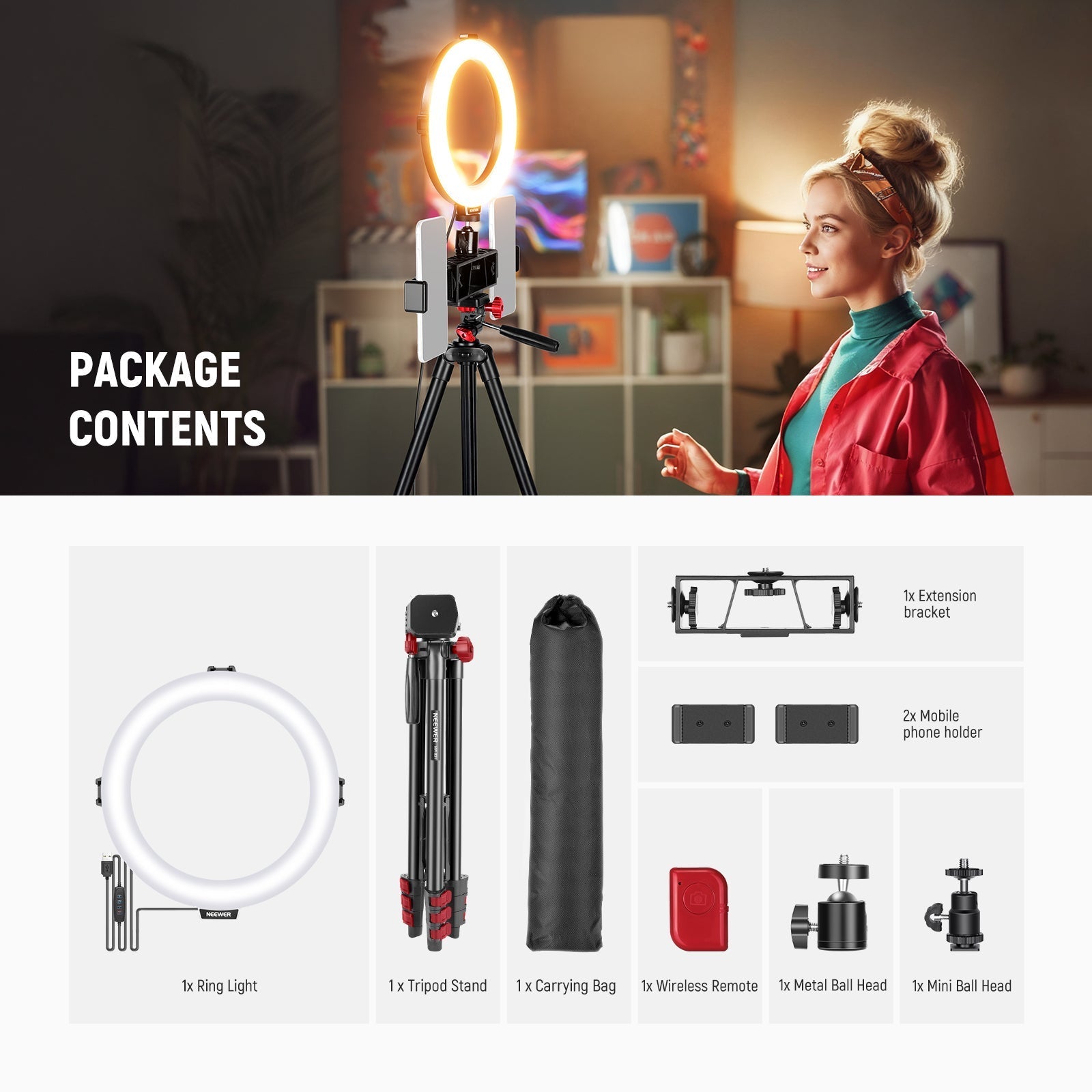NEEWER BASICS R08 8" Selfie Ring Light with Tripod/2 Phone Holders/Remote