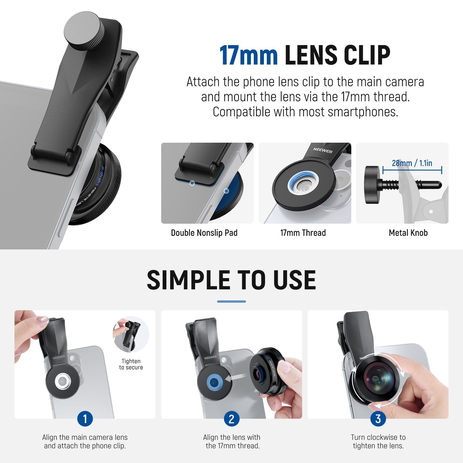 NEEWER LS-77 170° 14mm Fish Eye VR Lens with 17mm Threaded Phone Lens Clip