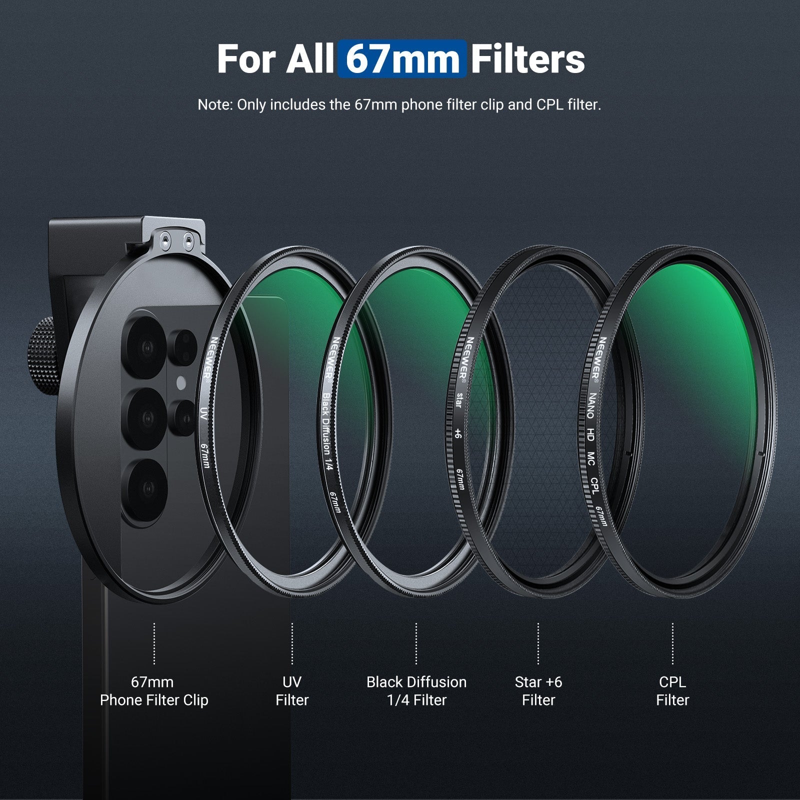 NEEWER FL-113 67mm Phone CPL Filter with Cold Shoe Clip(Compatible with S26)