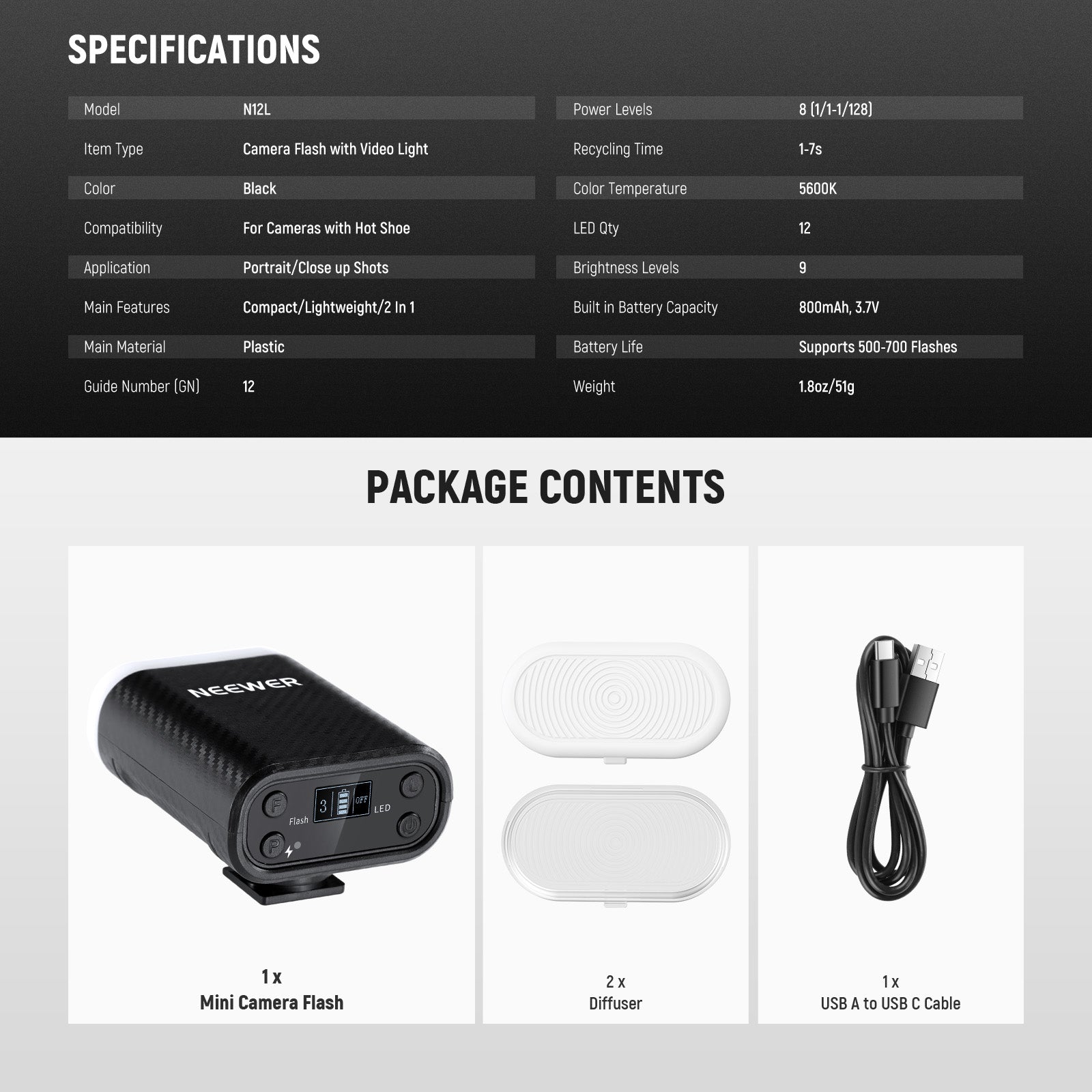 NEEWER ENTRY LEVEL VERSION N12L Mini Camera Flash with LED Video Light