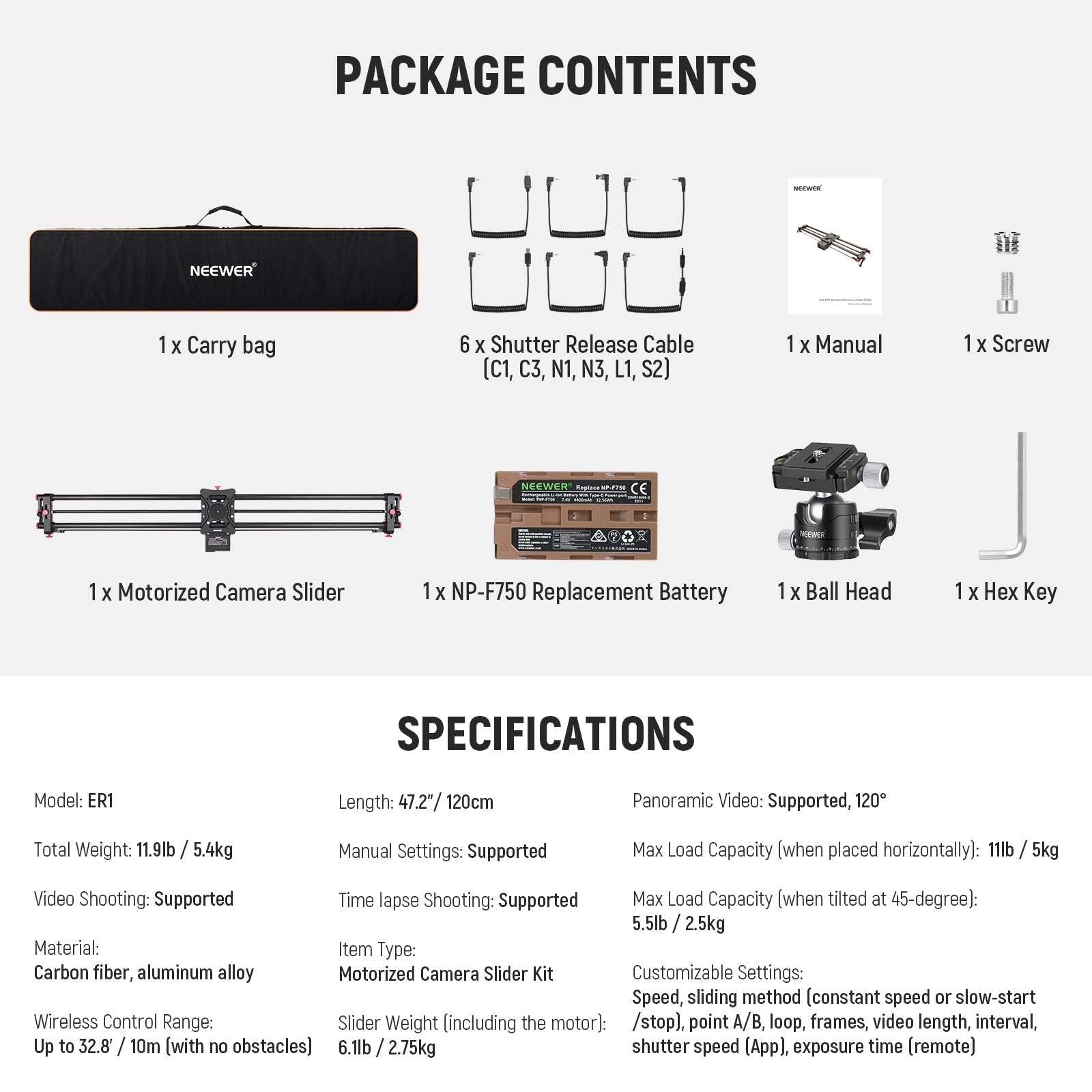 NEEWER ER1 Motorized Carbon Fiber Camera Slider with F750 Battery