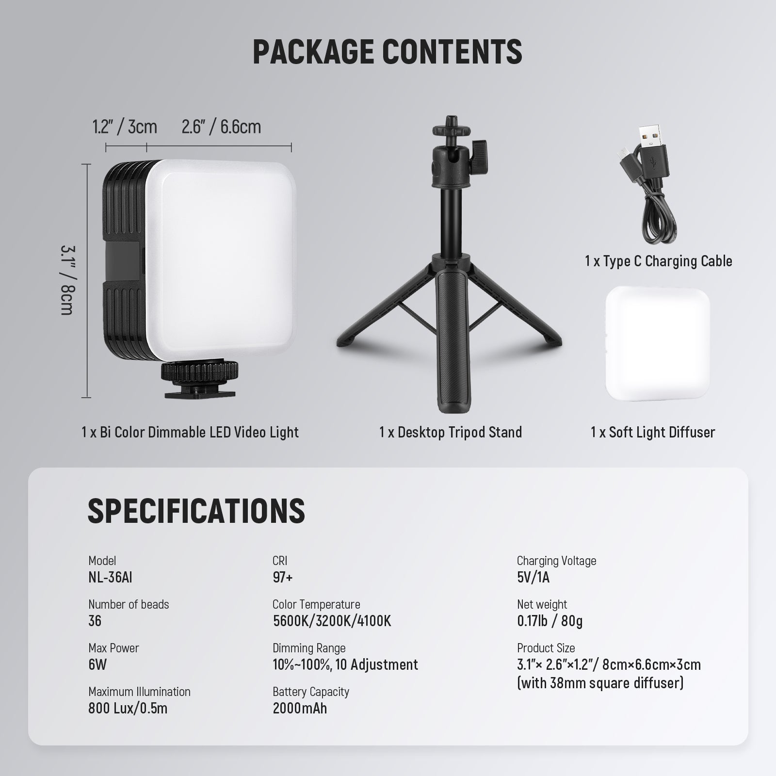 NEEWER NL-36AI LED Camera Video Light with Desk Tripod Stand