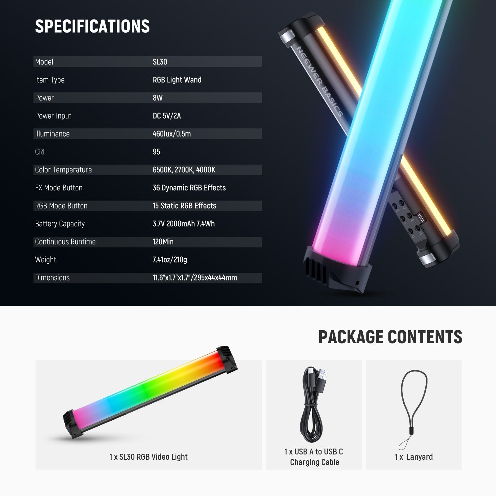 NEEWER BASICS SL30 12" Magnetic Handheld RGB Light Wand