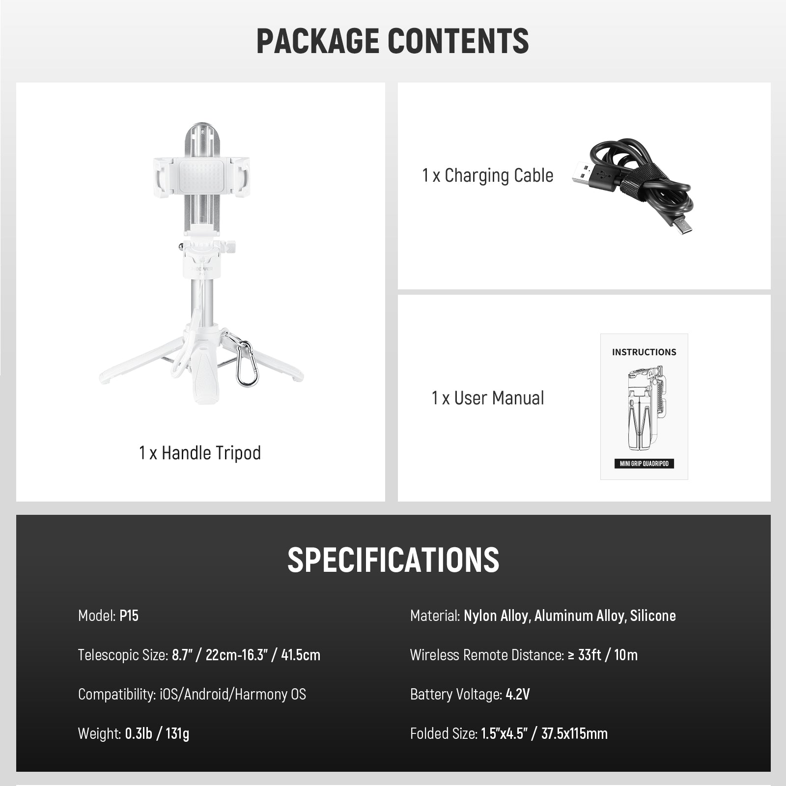 NEEWER P15 Foldable Selfie Stick Tripod with Bluetooth Remote Shutter